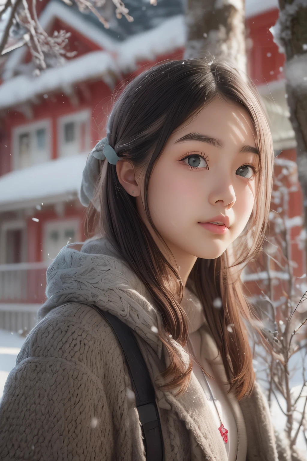 ((sfw: 1.4)), (sfw, birches with snow, old house, sun in the background, 1 girl)), ultra high resolution, (realistic: 1.4), RAW photo, highest quality, (photorealistic stick), focus, soft light, ((15 years old)), ((Japanese)), (((young face))), (surface), (depth of field), masterpiece, (photorealistic), woman , bangs, ((1 girl))