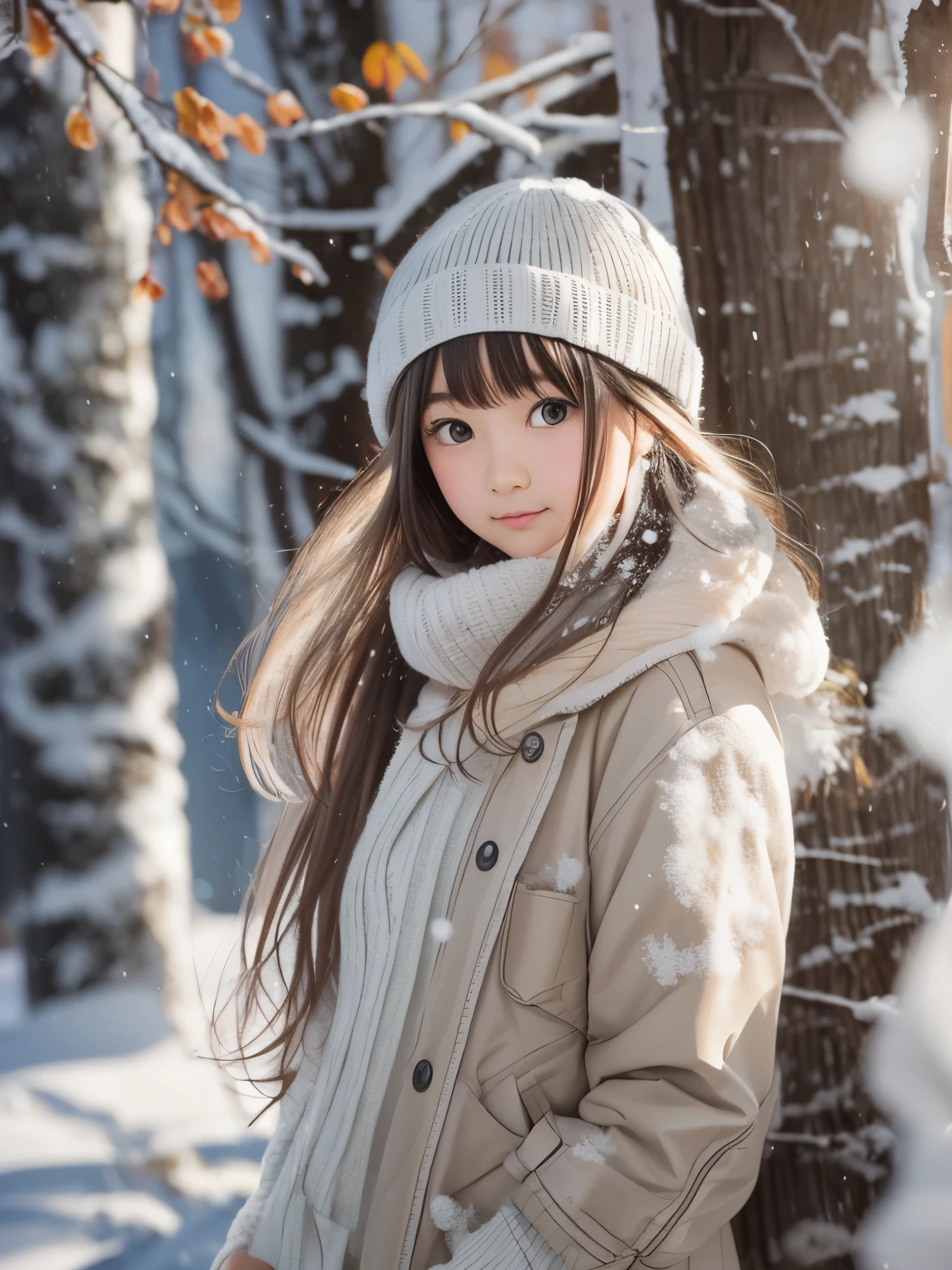 ((sfw: 1.4)), (sfw, birches with snow, old house, sun in the background, 1 girl)), ultra high resolution, (realistic: 1.4), RAW photo, highest quality, (photorealistic stick), focus, soft light, ((15 years old)), ((Japanese)), (((young face))), (surface), (depth of field), masterpiece, (photorealistic), woman , bangs, ((1 girl))