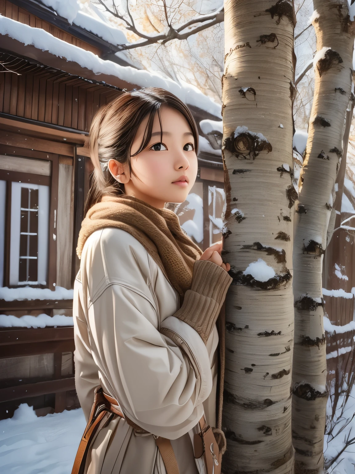 ((sfw: 1.4)), (sfw, birches with snow, old house, sun in the background, 1 girl)), ultra high resolution, (realistic: 1.4), RAW photo, highest quality, (photorealistic stick), focus, soft light, ((15 years old)), ((Japanese)), (((young face))), (surface), (depth of field), masterpiece, (photorealistic), woman , bangs, ((1 girl))