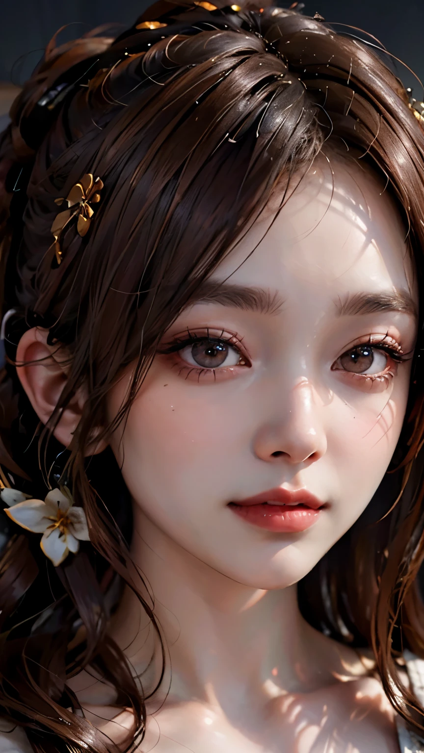 (8K、lifelike、RAW photography、Top quality)、(1 girl)、beautiful face、(cute face)、(Reddish-brown hair、Long curly hair)、Beautiful high ponytail hairstyle、lifelike眼睛、red glasses，Beautiful details、（real skin）、Beautiful skin、（Ren Hao）、absurd、Tempting、huge ，smile，ultra high resolution、Hyperrealistic Realism、high detail、golden ratio，There is a lot of translucent liquid on the face（nasal discharge）