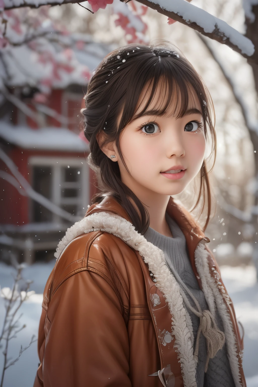 ((sfw: 1.4)), (sfw, birches with snow, old house, sun in the background, 1 girl)), ultra high resolution, (realistic: 1.4), RAW photo, highest quality, (photorealistic stick), focus, soft light, (()), ((Japanese)), (((young face))), (surface), (depth of field), masterpiece, (photorealistic), woman , bangs, ((1 girl))