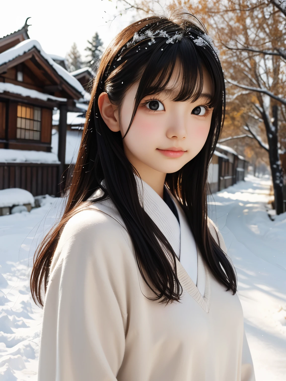 ((sfw: 1.4)), (sfw, birches with snow, old house, sun in the background, 1 girl)), ultra high resolution, (realistic: 1.4), RAW photo, highest quality, (photorealistic stick), focus, soft light, ((15 years old)), ((Japanese)), (((young face))), (surface), (depth of field), masterpiece, (photorealistic), woman , bangs, ((1 girl))