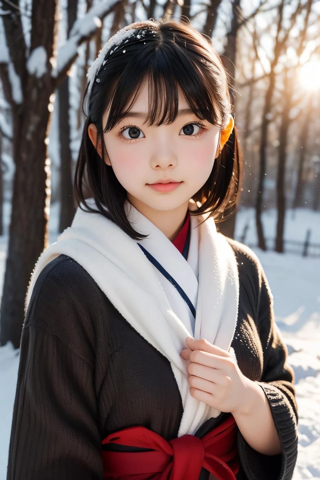 ((sfw: 1.4)), (sfw, birches with snow, old house, sun in the background, 1 girl)), ultra high resolution, (realistic: 1.4), RAW photo, highest quality, (photorealistic stick), focus, soft light, ((15 years old)), ((Japanese)), (((young face))), (surface), (depth of field), masterpiece, (photorealistic), woman , bangs, ((1 girl))
