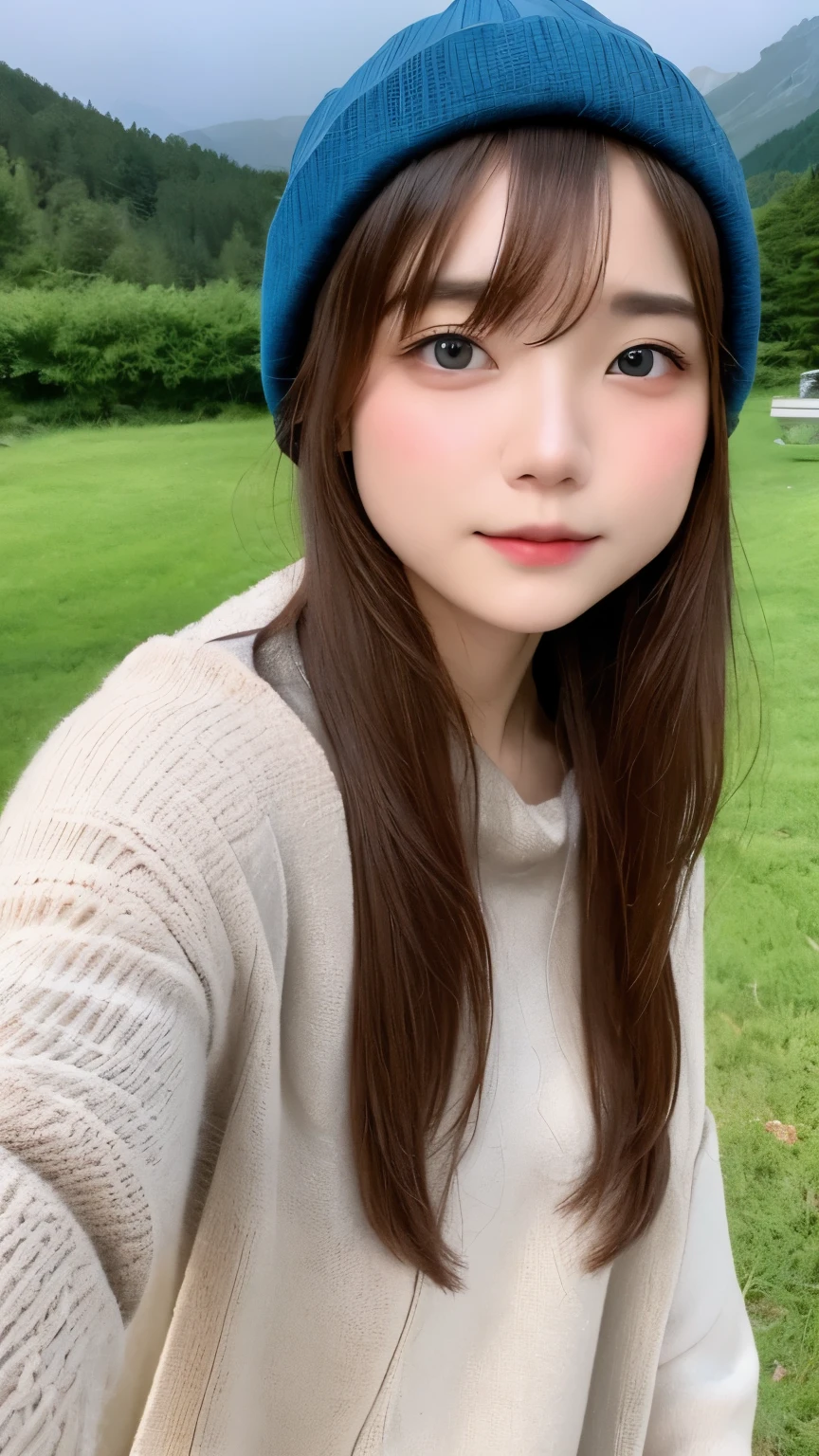 photograph, 美しい女性のphotograph, selfie, Upper body, alone, wearing a pullover, outdoors, (night), Mountain, real nature, performer, moon, Hilarious, Happy, gloves, sweater, Beanie hat, forest, rock, river, wood, cigarette, fog, looking at the viewer, skin texture, photographの粒子, close, RAWphotograph