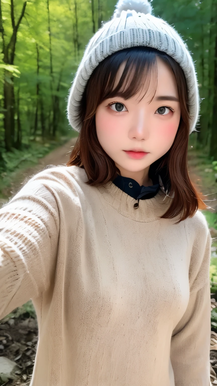 photograph, 美しい女性のphotograph, selfie, Upper body, alone, wearing a pullover, outdoors, (night), Mountain, real nature, performer, moon, Hilarious, Happy, gloves, sweater, Beanie hat, forest, rock, river, wood, cigarette, fog, looking at the viewer, skin texture, photographの粒子, close, RAWphotograph