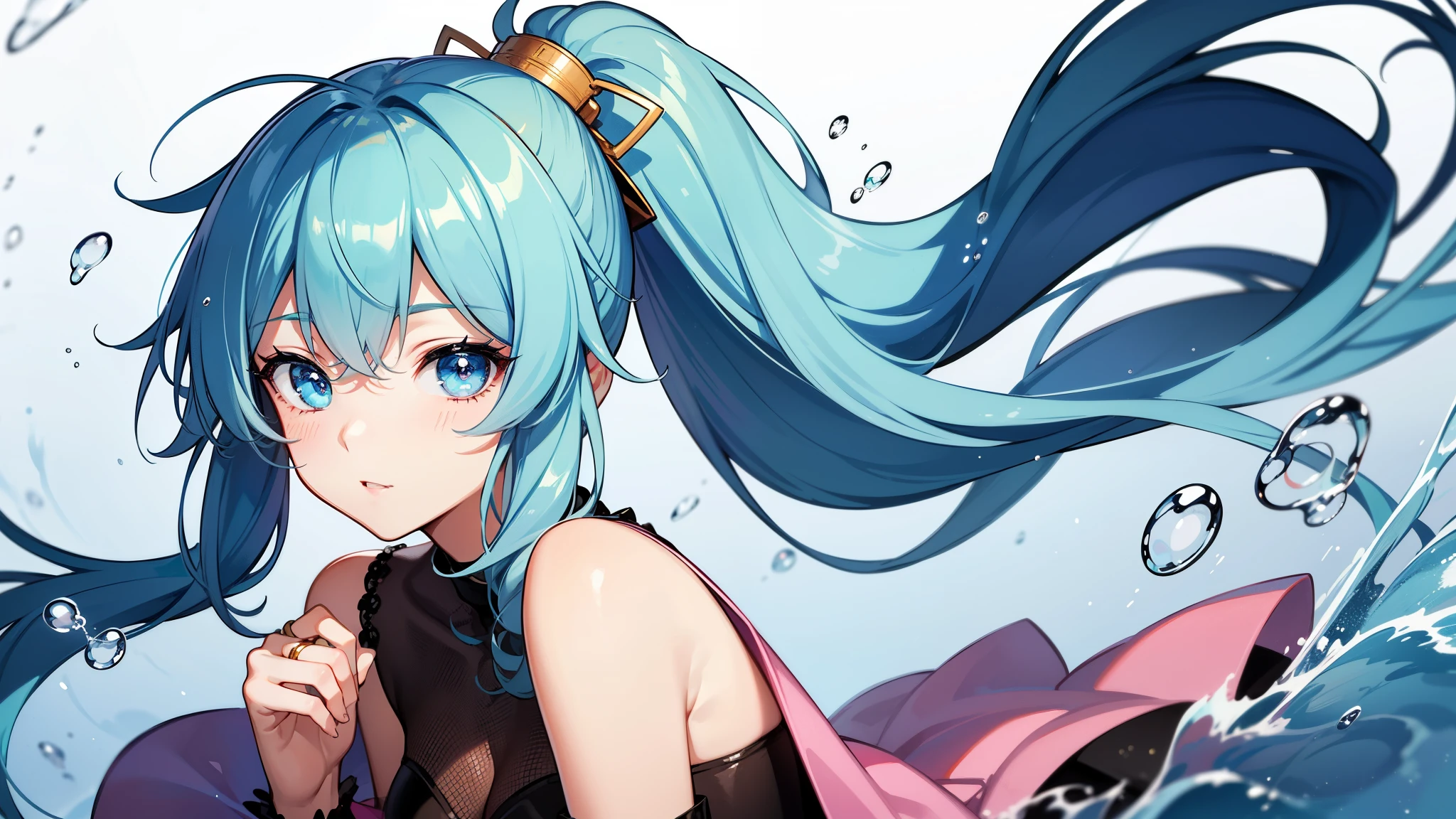 (masterpiece), (best quality), (Super detailed),(disheveled hair),(illustration), (1 girl), (fashion clothing), Permanently installed, fashion model, looking at the audience, (interview), (simple background),Beautiful and delicate eyes, Exquisite and beautiful face, floating,(high saturation),(colorful splash),Colorful bubbles,(Shiny), focus on face, ponytail, Ayaka Kamisato, light blue hair, Bangs, hair ring, floating花朵, floating hair, (Shiny), best lighting, best shadow,