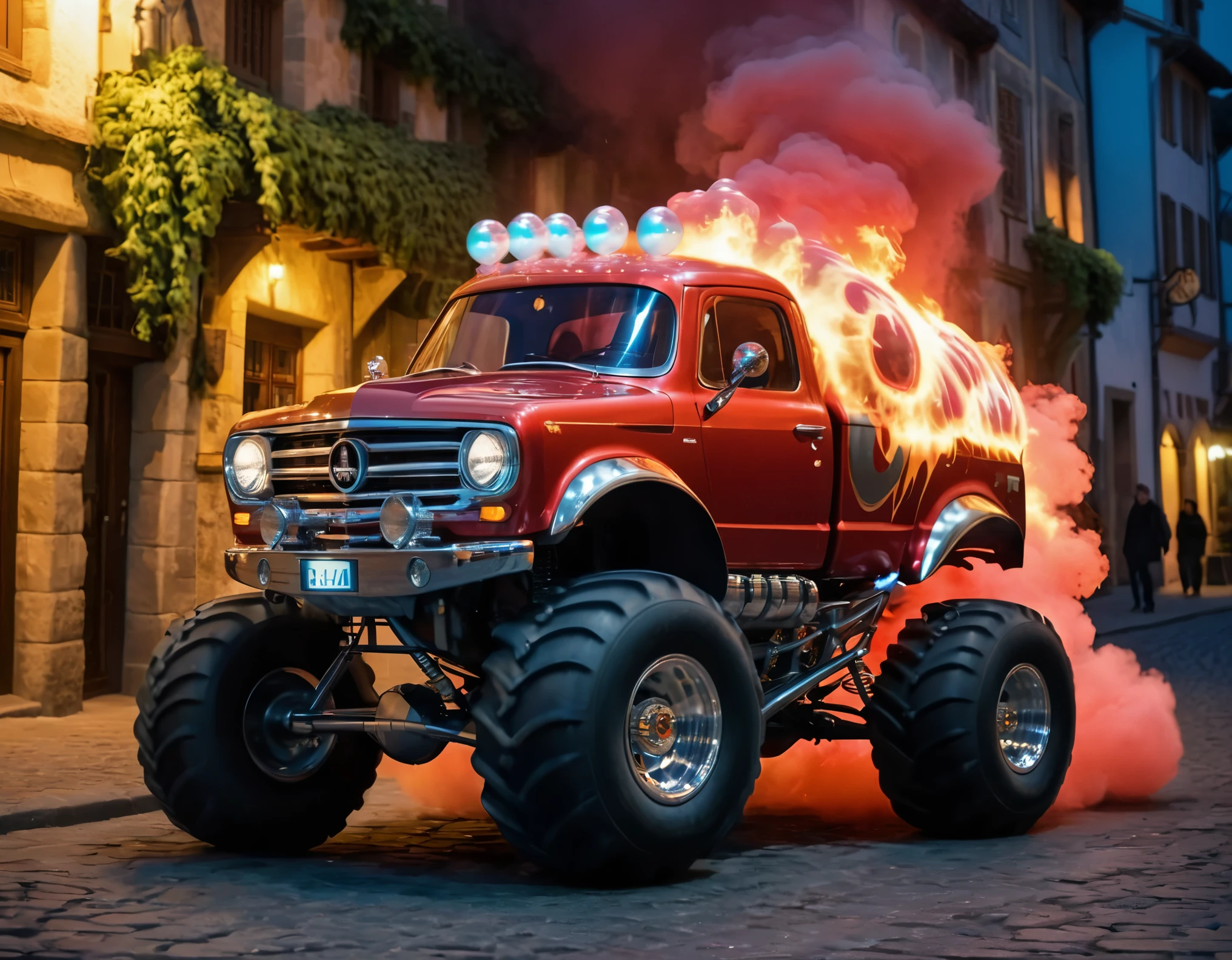 PeaCar1024, a pearly red bubble monstertruck car, on streets of medieval vlliage at night, red-exhaust-smoke, flames, scales, shops (style of game-of-thrones:.8), photography (ultra-detailed, ultra sharp, film, professional, high saturation:1.13)  