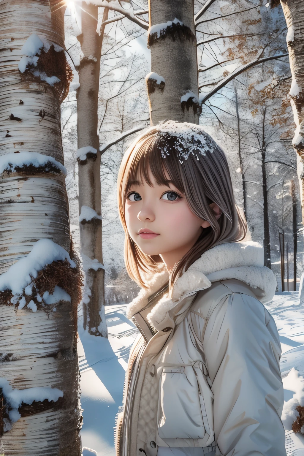 ((sfw: 1.4)), (sfw, birches with snow, old house, sun in the background, 1 girl)), ultra high resolution, (realistic: 1.4), RAW photo, highest quality, (photorealistic stick), focus, soft light, (()), ((Japanese)), (((young face))), (surface), (depth of field), masterpiece, (photorealistic), woman , bangs, ((1 girl))