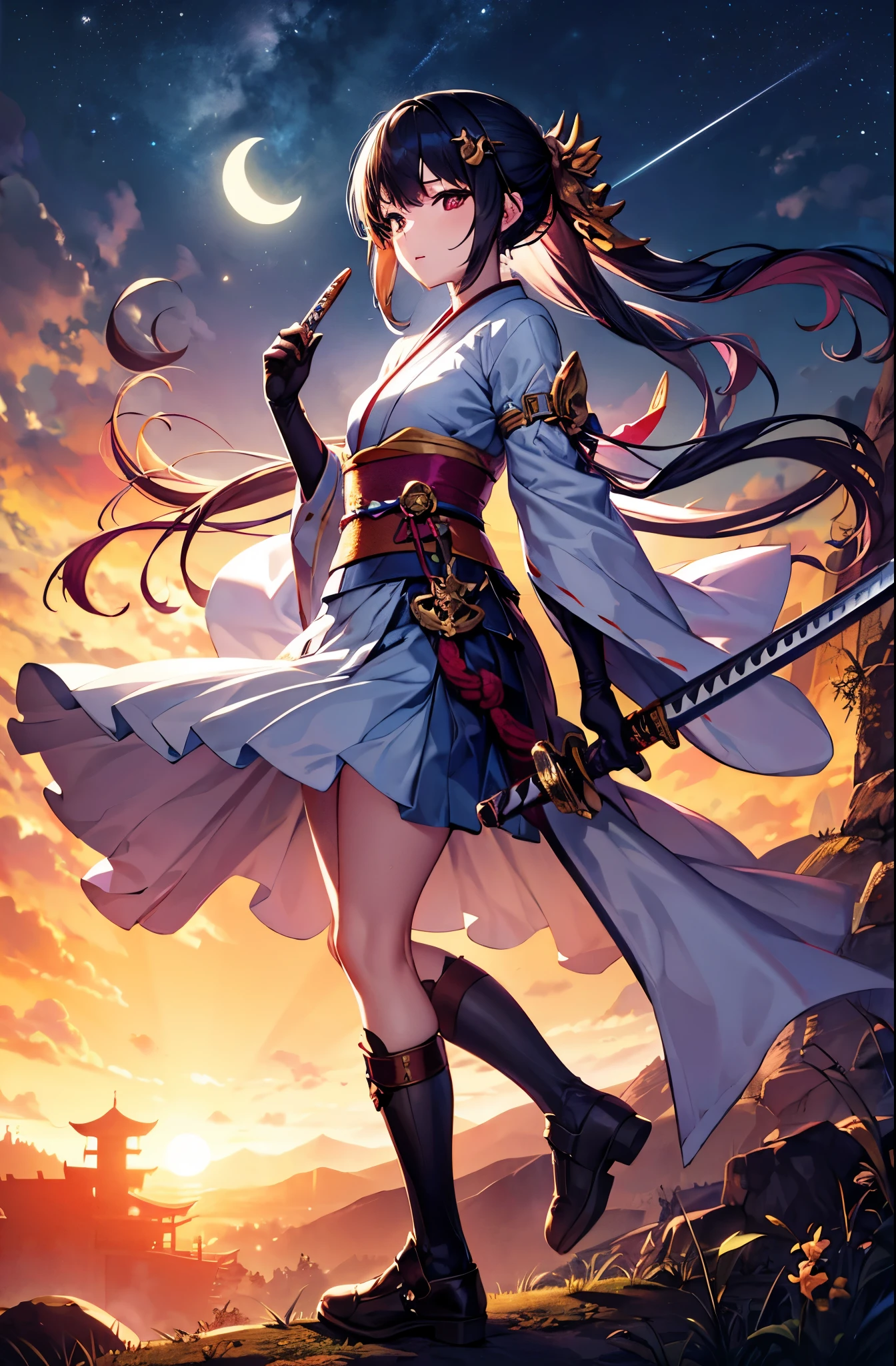 (Super beautiful CG, high quality), (Medium breastasterpiece: 1.8), ((Super quality)), ((Ultra detailed illustrations)), ((Stunning CG)),female focus,kawaii
1girl, solo, looking at viewer, bangs, purple hair,long sleeves, red eyes, holding, closed mouth, standing, full body, weapon, outdoors, japanese clothes, sky, looking back, sword, kimono, black footwear, ［［holding weapon］］, tree, ［［sash］］, night, holding sword, floral print, moon, ［［katana］］,［［ fire］］, sheath, night sky, ［Crescent Moon］, ［white kimono］, bare tree,［torii］, holding sheath, shrine,gloves