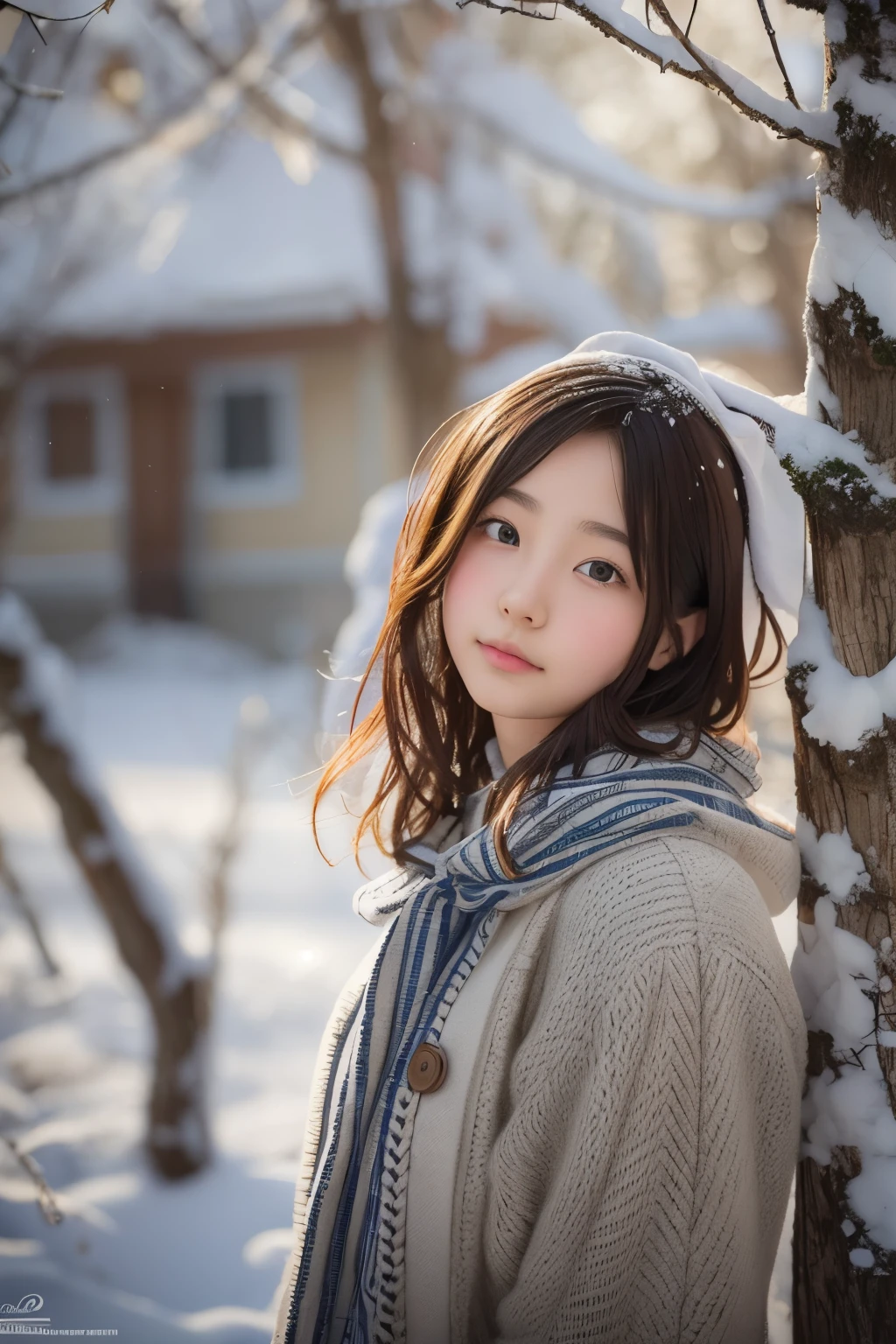 ((sfw: 1.4)), (sfw, birches with snow, old house, sun in the background, 1 girl)), ultra high resolution, (realistic: 1.4), RAW photo, highest quality, (photorealistic stick), focus, soft light, (()), ((Japanese)), (((young face))), (surface), (depth of field), masterpiece, (photorealistic), woman , bangs, ((1 girl))