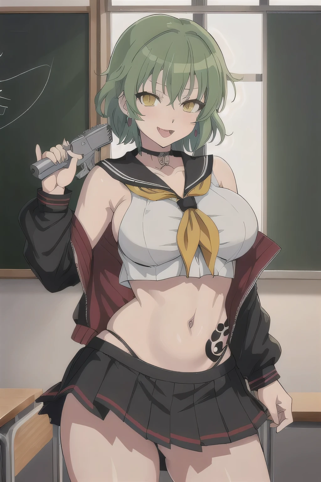  hikage (senran kagura), 1girl, green hair, tongue out, tongue, tattoo, short hair, yellow eyes, knife, licking,  large breasts, weapon, earrings, jewelry, holding, masterpiece, best quality, highly detailed, a anime girls in sailor uniforms with a gun posing for a picture, evil smile, smile, open mouth,black_serafuku, ecchi anime style, anime girls , (nsfw) not safe for work, ecchi style, ecchi, shipgirls, digital anime art!!, high school girls, in anime style, official artwork, beautiful anime high school girl, anime style 4 k, micro skirt, exposed belly, exposed navel, exposed midriff, exposed lower belly,school, classroom,