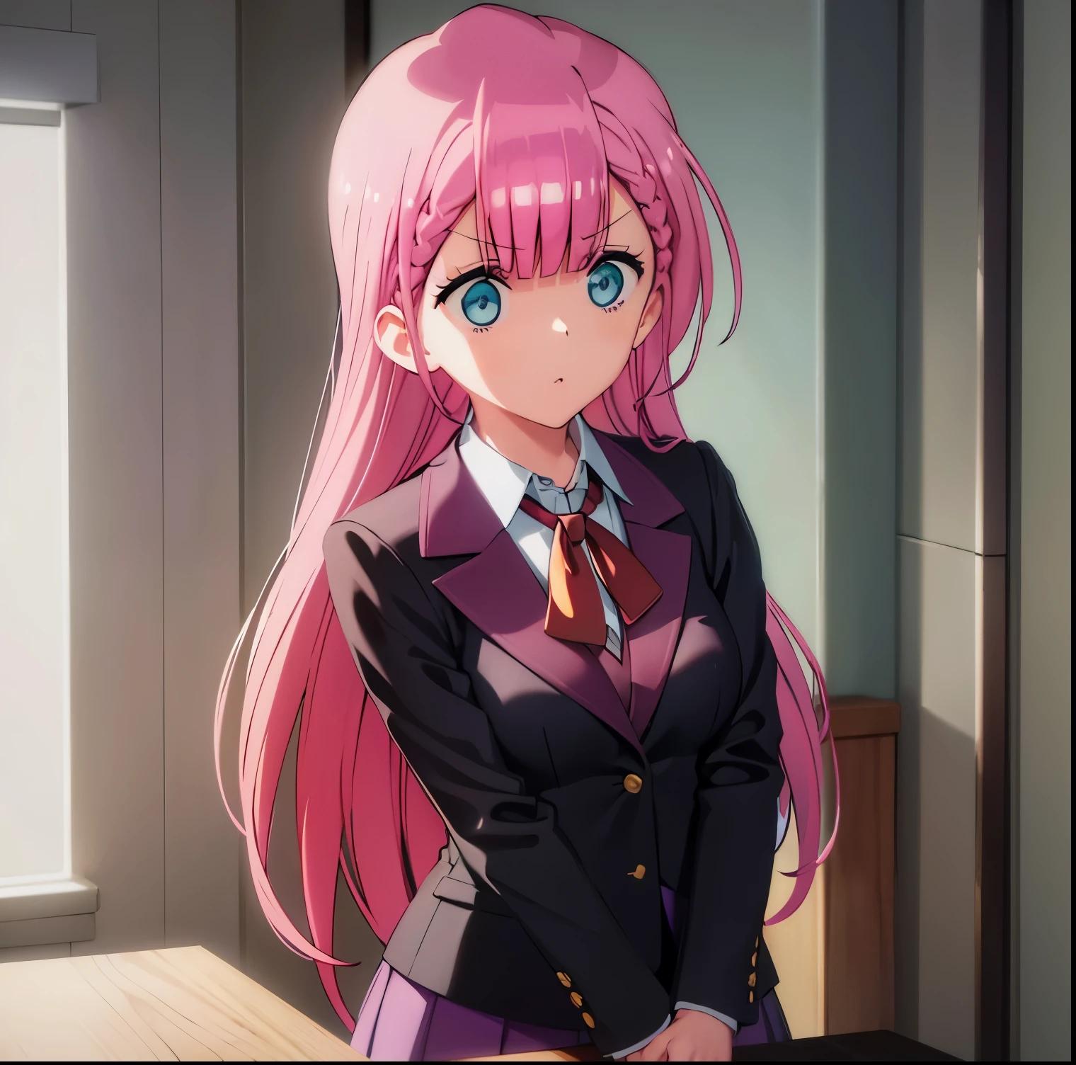 1gril, alone,mafuyu kirisu, blue eyes, braid, long hair, twin braids, pink hair, long sleeves, purple skirt, shirt, skirt, suit jacket, white shirt, blazer, looking at viewer, indoors, classroom, (masterpiece:1.2), best quality, high resolution, unity 8k wallpaper, (illustration:0.8), (beautiful detailed eyes:1.6), extremely detailed face, perfect lighting, extremely detailed CG, (perfect hands, perfect anatomy),