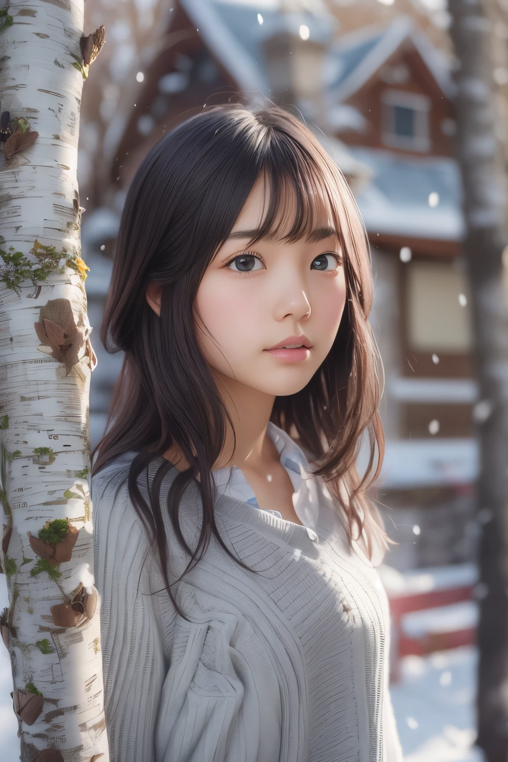 ((sfw: 1.4)), (sfw, birches with snow, old house, sun in the background, 1 girl)), ultra high resolution, (realistic: 1.4), RAW photo, highest quality, (photorealistic stick), focus, soft light, ((15 years old)), ((Japanese)), (((young face))), (surface), (depth of field), masterpiece, (photorealistic), woman , bangs, ((1 girl))