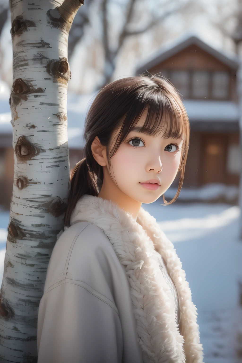 ((sfw: 1.4)), (sfw, birches with snow, old house, sun in the background, 1 girl)), ultra high resolution, (realistic: 1.4), RAW photo, highest quality, (photorealistic stick), focus, soft light, ((15 years old)), ((Japanese)), (((young face))), (surface), (depth of field), masterpiece, (photorealistic), woman , bangs, ((1 girl))