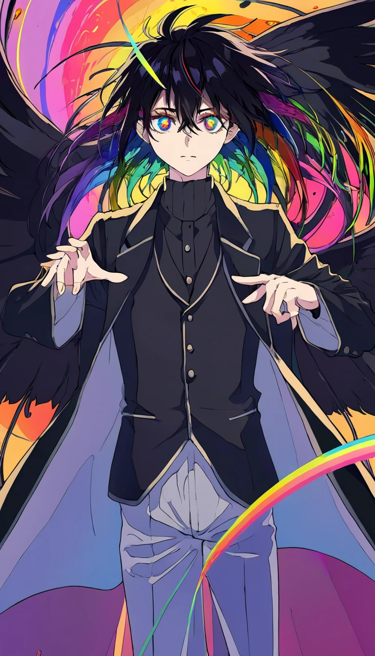 anime, High image quality, delicate details, unbroken face, beautiful face, very good fingerasterpiece), best quality, expressive eyes, perfect face, 1boy, black hair, dark, sickly, low saturation, dark colorful color eyes, dark, rainbow hair, dark rainbow eyes, full body, dynamic, (((BOY))), full body