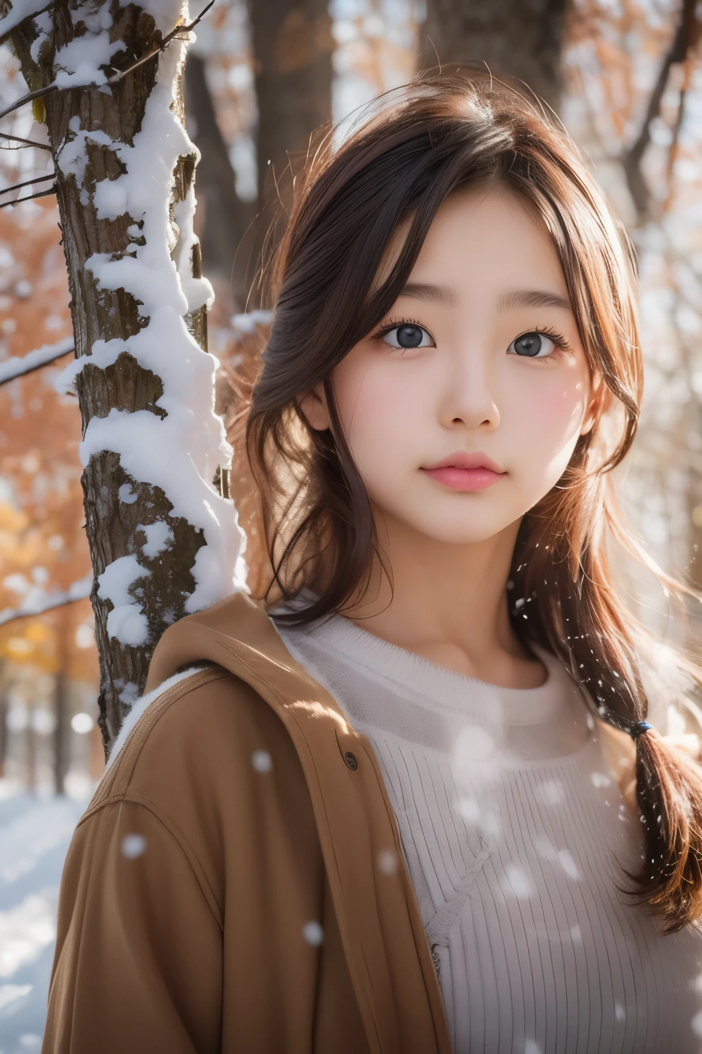 ((sfw: 1.4)), (sfw, birches with snow, old house, sun in the background, 1 girl)), ultra high resolution, (realistic: 1.4), RAW photo, highest quality, (photorealistic stick), focus, soft light, ((15 years old)), ((Japanese)), (((young face))), (surface), (depth of field), masterpiece, (photorealistic), woman , bangs, ((1 girl))