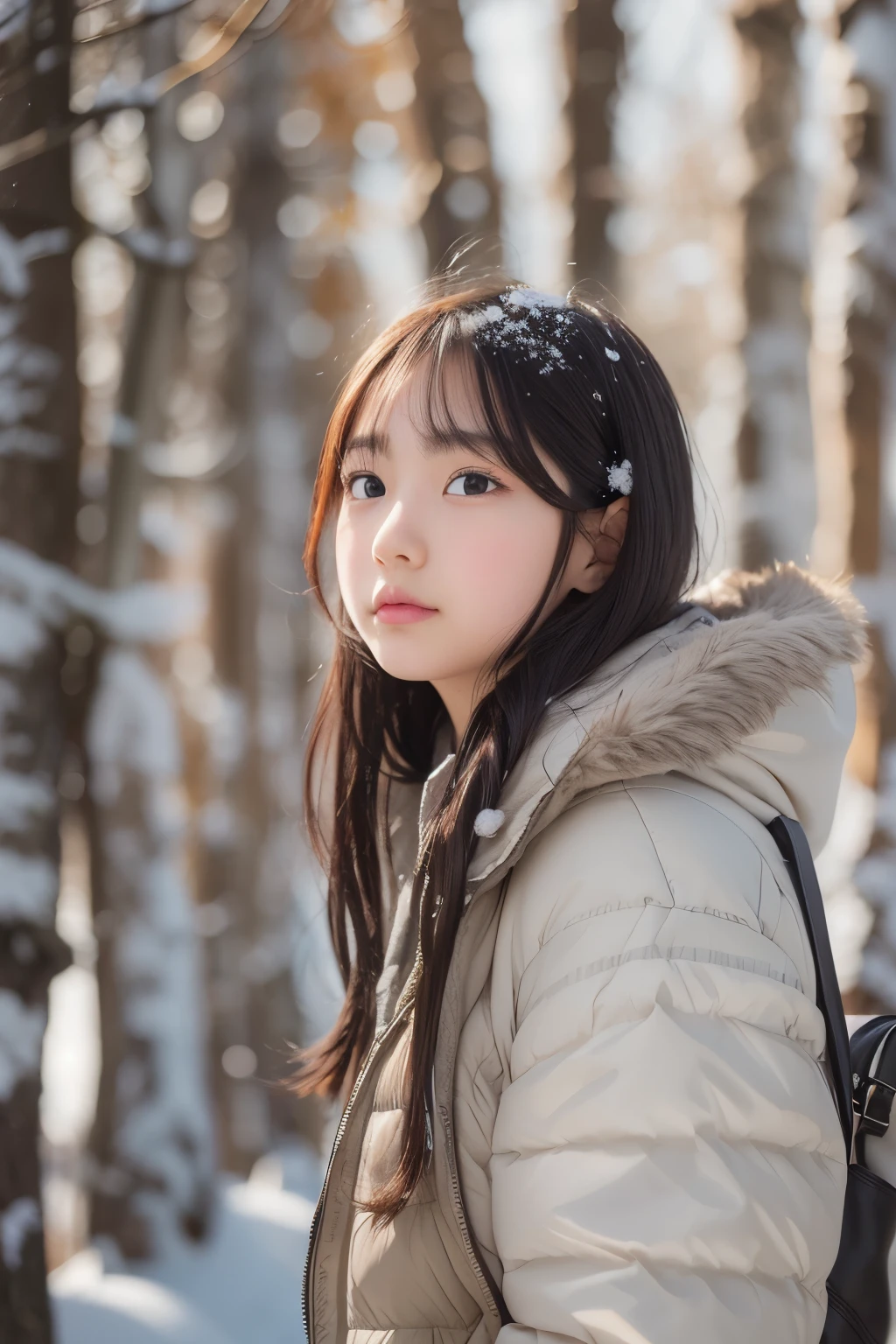 ((sfw: 1.4)), (sfw, birches with snow, old house, sun in the background, 1 girl)), ultra high resolution, (realistic: 1.4), RAW photo, highest quality, (photorealistic stick), focus, soft light, ((15 years old)), ((Japanese)), (((young face))), (surface), (depth of field), masterpiece, (photorealistic), woman , bangs, ((1 girl))