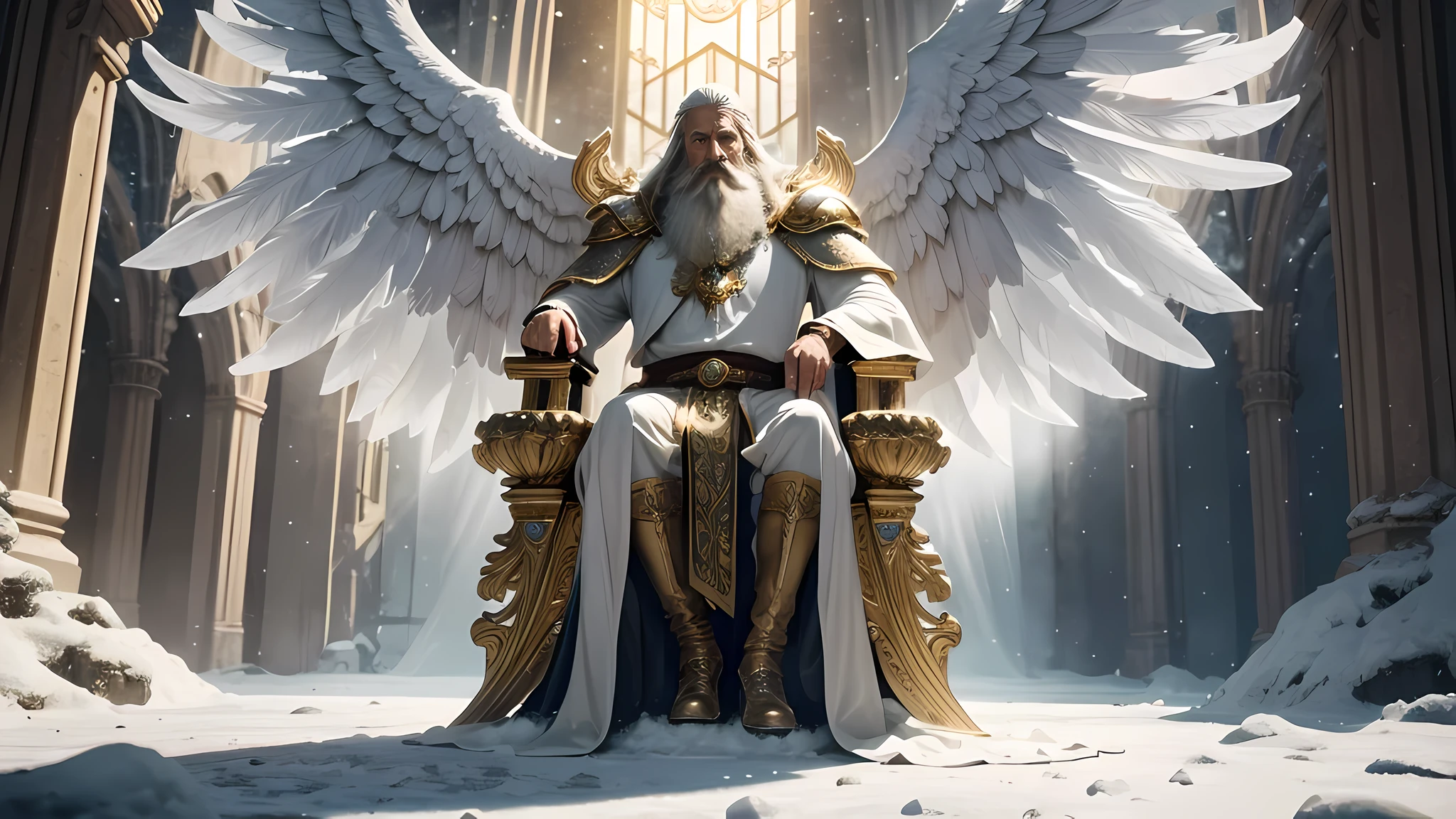 ultra high resolution, highest quality, photograph, 8k, (photographrealistic: 1.2), cinematic lighting, An old man who looks like a phantaslop, giant man with beard in bright white robes and floating on the crystal throne floating on crystal clouds, yellow eyes, Bright yellow light emanating from the throne, Jewels in the sky, god, With the rays of light surrounding his body, large translucent, crystal throne feather wings, wings are open, golden light (Hello:1.2) on the head, Abs in medieval golden armor, beard, masculine, dark, masterpiece, highest quality, intricate details, Background snow environment and crystals, Crystal Cathedral, Portal of the future, 3D light, hd, magic, 光のgod, Backlight, detailed face, fear, written boundary depth, soft lighting, tone mapped, very detailed, concept art, Smooth, sharp focus, dramatic lighting, very detailed art, cinematic, 8k, wonderful shadow (very detailed background: 1.2)