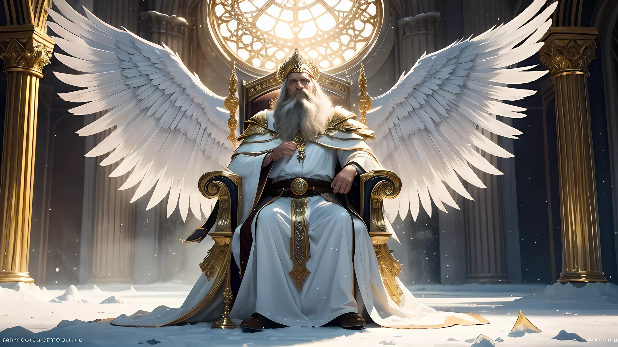 ultra high resolution, highest quality, photograph, 8k, (photographrealistic: 1.2), cinematic lighting, An old man who looks like a phantaslop, giant man with beard in bright white robes and floating on the crystal throne floating on crystal clouds, yellow eyes, Bright yellow light emanating from the throne, Jewels in the sky, god, With the rays of light surrounding his body,  large translucent, crystal throne feather wings, wings are open, golden light (Hello:1.2) on the head, Abs in medieval golden armor, beard, masculine, dark, masterpiece, highest quality, intricate details, Background snow environment and crystals, Crystal Cathedral, Portal of the future, 3D light, hd, magic, 光のgod, Backlight,  detailed face, fear, written boundary depth, soft lighting, tone mapped, very detailed, concept art, Smooth, sharp focus, dramatic lighting, very detailed art, cinematic, 8k, wonderful shadow (very detailed background: 1.2)  