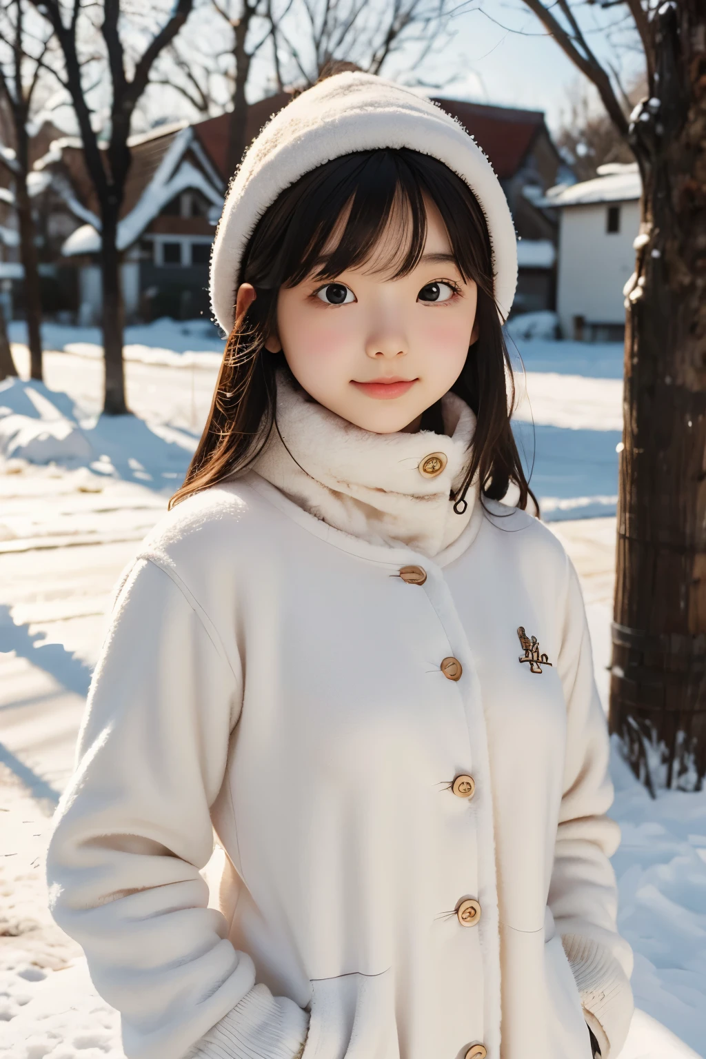 ((sfw: 1.4)), (sfw, birches with snow, old house, sun in the background, 1 girl)), ultra high resolution, (realistic: 1.4), RAW photo, highest quality, (photorealistic stick), focus, soft light, (()), ((Japanese)), (((young face))), (surface), (depth of field), masterpiece, (photorealistic), woman , bangs, ((1 girl))