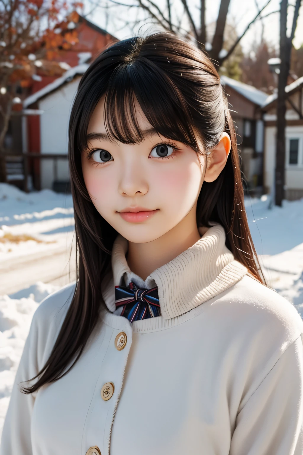((sfw: 1.4)), (sfw, birches with snow, old house, sun in the background, 1 girl)), ultra high resolution, (realistic: 1.4), RAW photo, highest quality, (photorealistic stick), focus, soft light, ((15 years old)), ((Japanese)), (((young face))), (surface), (depth of field), masterpiece, (photorealistic), woman , bangs, ((1 girl))