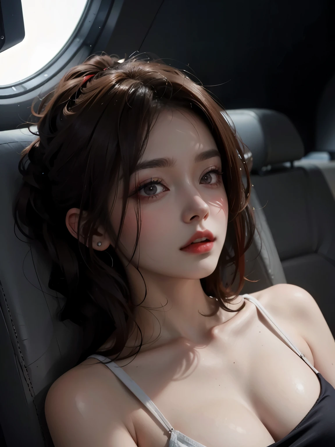 Reddish-brown hair，Long curly hair，high ponytail，red headdress，red eyes，red eye，red pupils，Delicate and detailed eyes，sparkling eyes，Eye balance