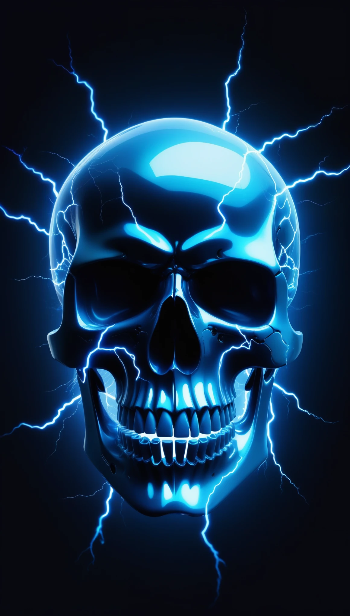 On a dark background, blue electric charges form a stylized silhouette of a electric skull, bioluminescence