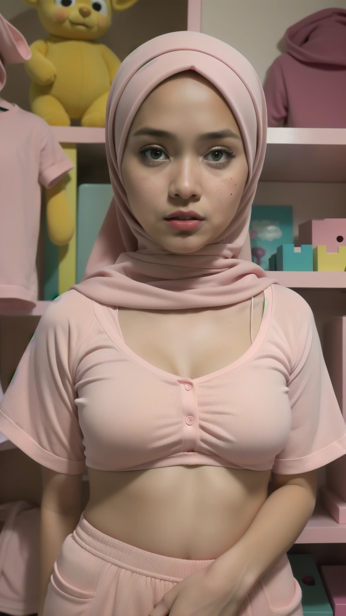 (Teletubbies), (Red Pastel Panty), Naked, Angry pose, Angry face, (((HIJAB MALAY GIRL))), masutepiece, High quality, UHD 45K, Realistic face, Realistic skin feeling , A Malay Lady, 8 , , Very cute and baby-like face, (((FLAT CHEST))), (MATRIX WORLD), ((look In front at the camera and SADNESS)), ((())), (((CUTE GIRL))), ((PASTEL RED LIPS)), ((PASTEL RED BLOUSE)), ((CHUBBY)), ((UNDRESS)), Being in a toys shop