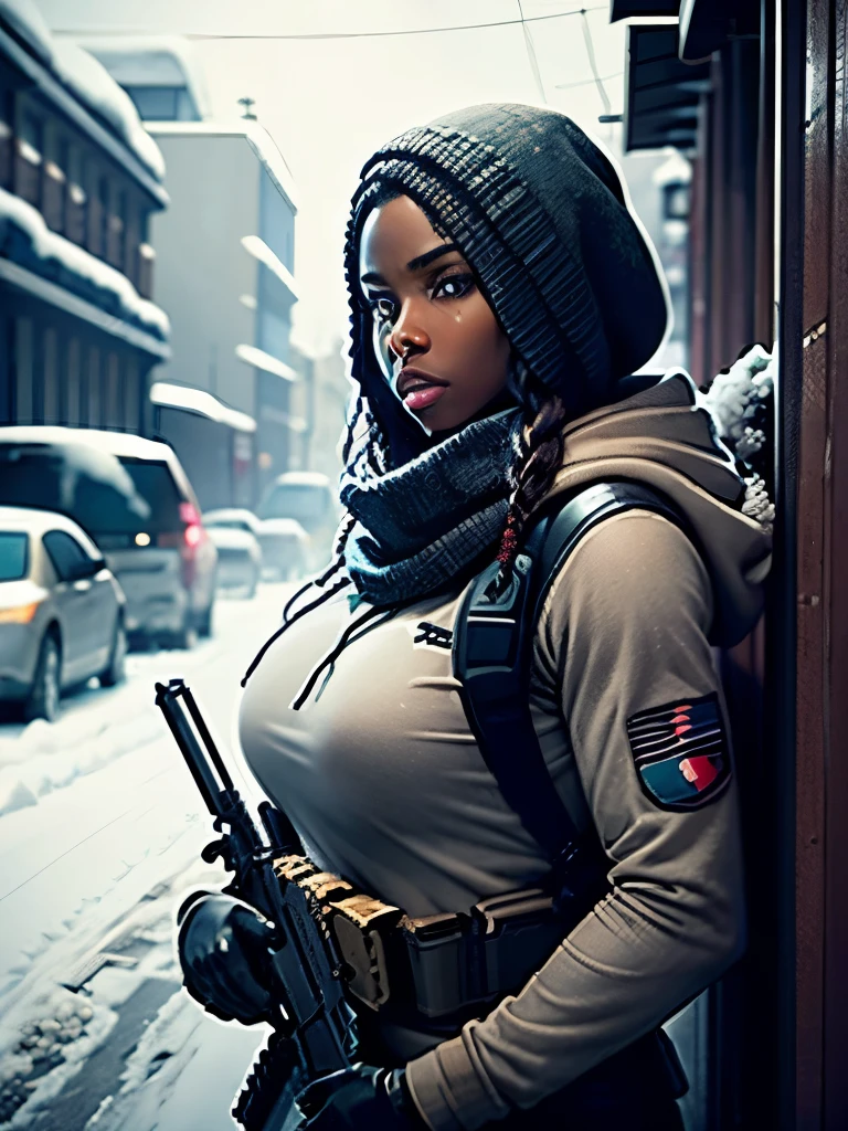 best quality,ultra-detailed,portrait, muscular, Aissa Maiga mixed with sanaa lathan holding oversize shotgun, aiming to the side, big woman, dark chocolate colored skin, 200 lbs, muscular arms and thighs, wide hips, woolly braided hair, bantu braids, very dark skin, beautiful detailed hazel eyes, beautiful full lips, very dark skin, beautiful face, detailed long woolly braided hair, bantu braids, blood soaked hoodie with scarf, balaclava under neck, tactical vest, black tactical pants, mercinary, dynamic action, aiming and shooting shotgun, long sleeve hoodie, under tactical vest, intense, cold, snowy atmosphere, blizzard, deep snow, blood in the snow, desolate landscape, freezing, icy, snowy, breezy winter night, night time, blizzard, icy road, bare trees, burning vehicles, angry expression, sharp focus on the old rusty shotgun, metallic texture, crisp, high contrast, cool color tones, dramatic lighting