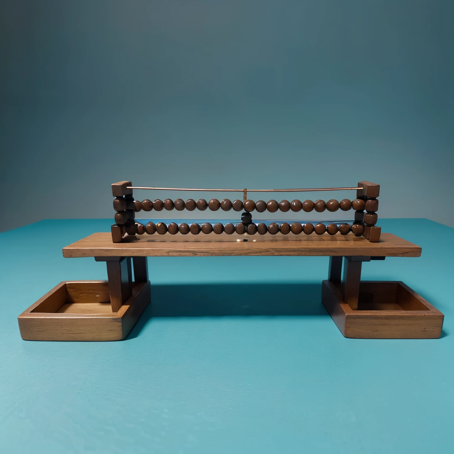 A cartoon-style abacus on a table without anyone on it with a blue background