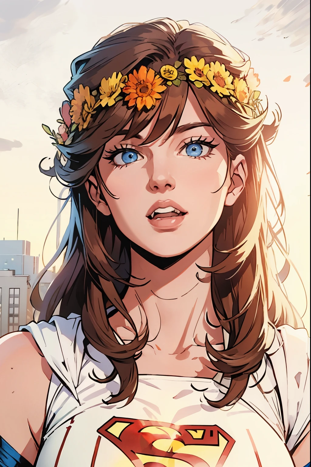 there is a woman with a flower crown on her head, ((Superman suit)),(blue eyes),90s comic ,Marvel Comics,background is New York city's,professional comic book style, prominent outline linework