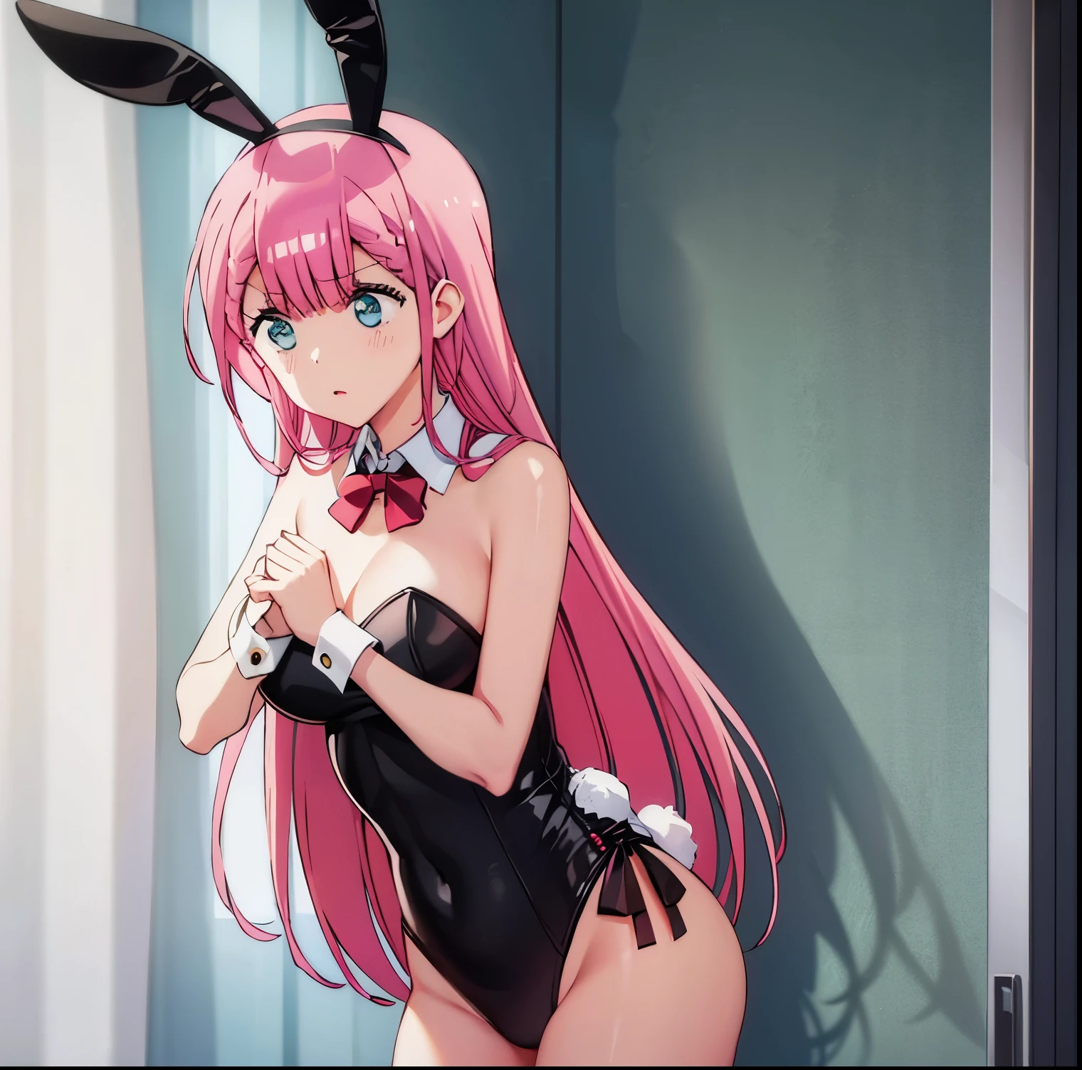 1girl,alone,mafuyu kirisu,masterpiece, best quality, highres, mafuyu1, 1girl, solo, long hair, pink hair, blue eyes, hair between eyes, braid, large breasts, bare shoulders, playboy bunny, rabbit ears, hand on hip, school_interior, cowboy shot,perfect hands,perfect anatomy,large breasts, medium waist, wide hips, medium thighs