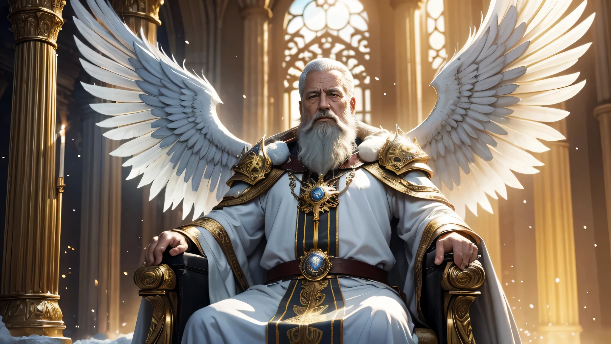 ultra high resolution, highest quality, photograph, 8k, (photographrealistic: 1.2), cinematic lighting, An old man who looks like a phantaslop, giant man with beard in bright white robes and floating on the crystal throne floating on crystal clouds, yellow eyes, Bright yellow light emanating from the throne, Jewels in the sky, god, With the rays of light surrounding his body,  large translucent, crystal throne feather wings, wings are open, golden light (Hello:1.2) on the head, Abs in medieval golden armor, beard, masculine, dark, masterpiece, highest quality, intricate details, Background snow environment and crystals, Crystal Cathedral, Portal of the future, 3D light, hd, magic, 光のgod, Backlight,  detailed face, fear, written boundary depth, soft lighting, tone mapped, very detailed, concept art, Smooth, sharp focus, dramatic lighting, very detailed art, cinematic, 8k, wonderful shadow (very detailed background: 1.2)  