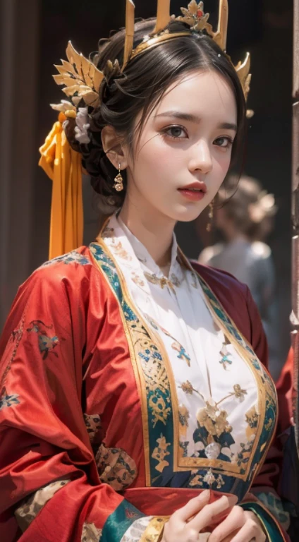 portrait of a beautiful 30 year old holy woman, wearing a thin multicolored silk dress, beautiful face without blemishes, ((natural smile:0.3)), Mouth closed, ((7-color hair length:1.2)), big crown, hair brooch, hanfu dress, chinese ancient style, full body jewelry, forehead tattoo, super even chest, face, red lips, delicate pink and white eyes (white and detailed) cinematic, light and dark, dramatic lighting, magical light, extremely detailed light, true color, super sharp, realistic, 8k quality, fantasy universe background, saints and magical space, the most detailed images, Exhibition photo, awarded, Eye-catching bright tone effect,