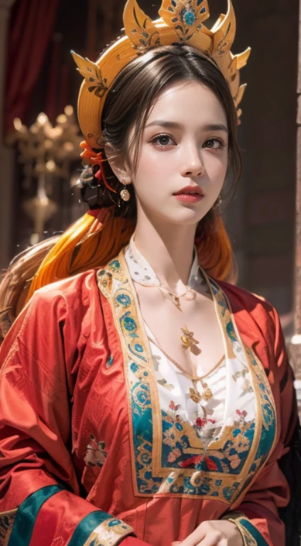 portrait of a beautiful 30 year old holy woman, wearing a thin multicolored silk dress, beautiful face without blemishes, ((natural smile:0.3)), Mouth closed, ((7-color hair length:1.2)), big crown, hair brooch, hanfu dress, chinese ancient style, full body jewelry, forehead tattoo, super even chest, face, red lips, delicate pink and white eyes (white and detailed) cinematic, light and dark, dramatic lighting, magical light, extremely detailed light, true color, super sharp, realistic, 8k quality, fantasy universe background, saints and magical space, the most detailed images, Exhibition photo, awarded, Eye-catching bright tone effect,