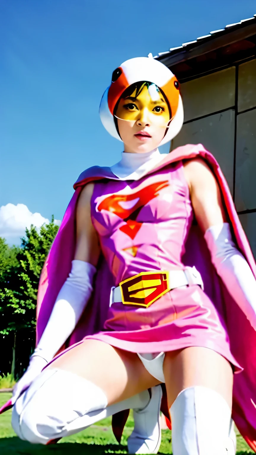 Highest image quality、real image、super detailed photo、18-year-old美少女、ポニーテールbeautiful woman、beautiful sister、A woman wearing a pink dress and cloak is squatting in front of a building,spread legs、showwhitepanties,whitepanties,white panties、beautiful woman、Jun、beautiful sister、beautiful sister、 18-year-oldの女の子,白鳥のJun、knee high boots science ninja、white panties、beautiful woman、 As a retro-futuristic heroine, 18-year-old、As a retro-futuristic heroine, beautiful thighs、sheila, she - ra, anime female hero portrait, Portrait of a modern dharna, anime visual of super girl, super girl, official art, Dinah Drake, hironaka, Blowjob White Mecha Miniskirt