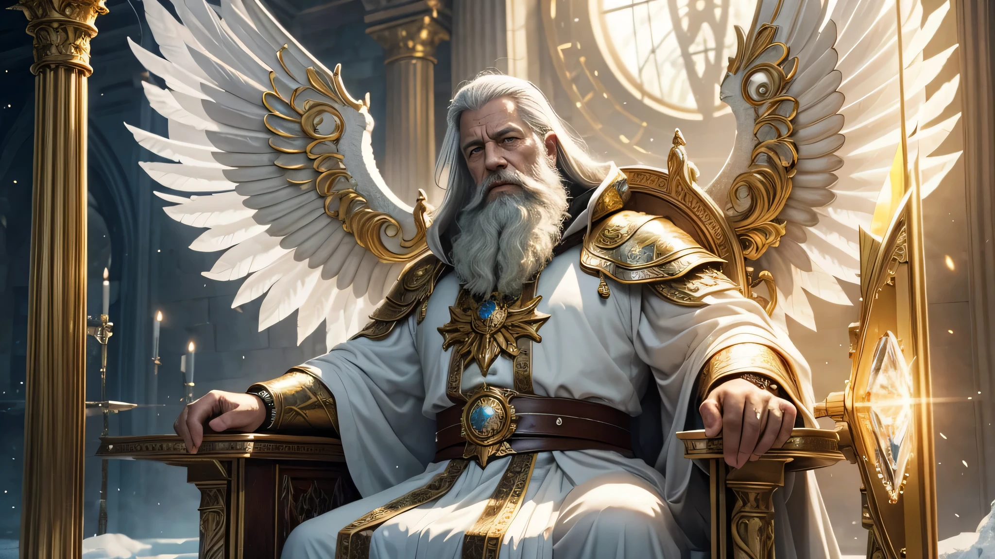 ultra high resolution, highest quality, photograph, 8k, (photographrealistic: 1.2), cinematic lighting, An old man who looks like a phantaslop, giant man with beard in bright white robes and floating on the crystal throne floating on crystal clouds, yellow eyes, Bright yellow light emanating from the throne, Jewels in the sky, god, With the rays of light surrounding his body,  large translucent, crystal throne feather wings, wings are open, golden light (Hello:1.2) on the head, Abs in medieval golden armor, beard, masculine, dark, masterpiece, highest quality, intricate details, Background snow environment and crystals, Crystal Cathedral, Portal of the future, 3D light, hd, magic, 光のgod, Backlight,  detailed face, fear, written boundary depth, soft lighting, tone mapped, very detailed, concept art, Smooth, sharp focus, dramatic lighting, very detailed art, cinematic, 8k, wonderful shadow (very detailed background: 1.2)  