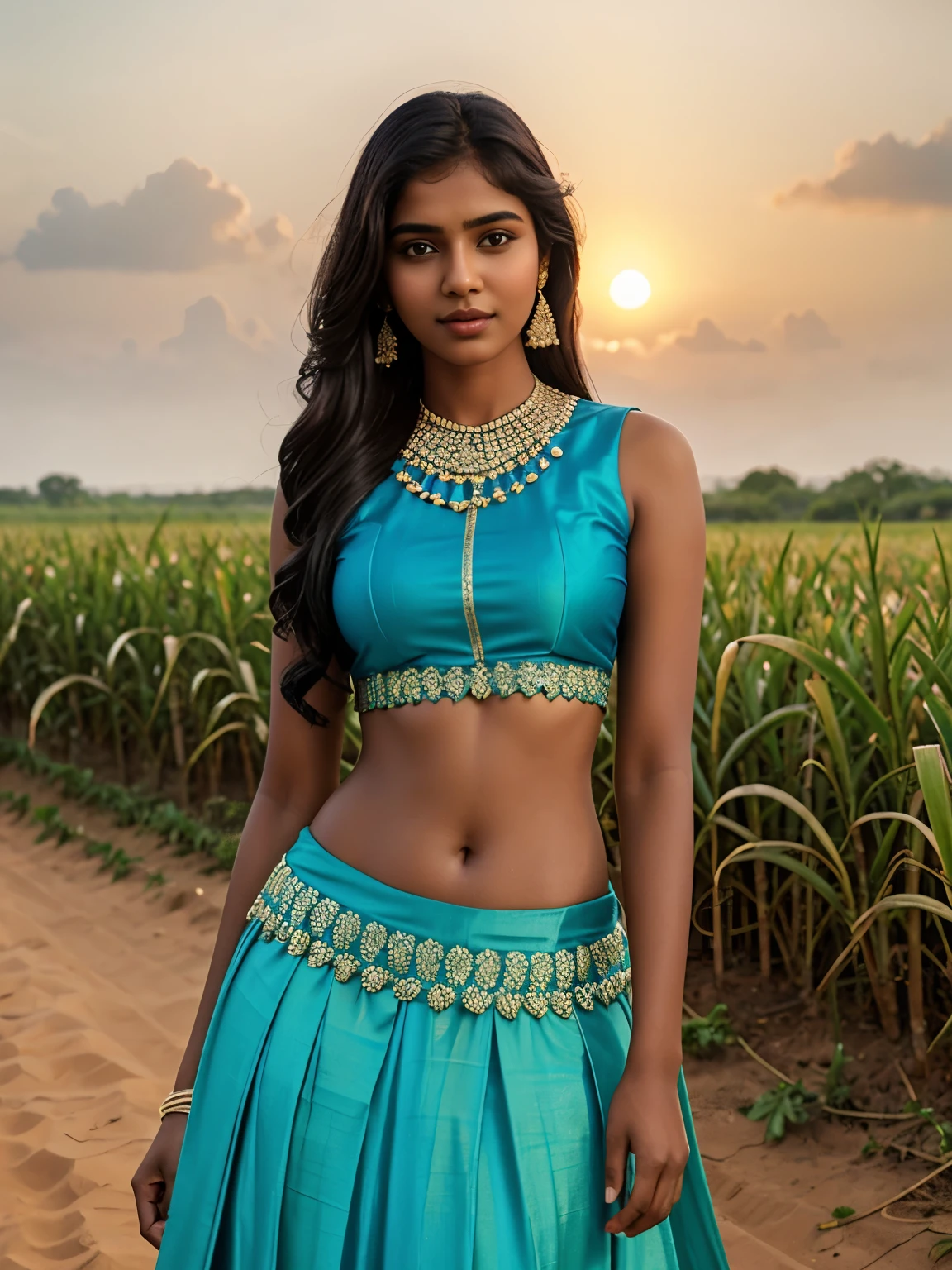 20 year old Tamil girl, inside sugarcane field, evening sky, bossy sassy photoshoot, (wearing expensive sleeveless choli, long skirt), (intricate detailing of face eyes nose mouth full lips & body parts), textured skin, smile:0.6, eyes symmetry, face symmetry, 256K, HDR, hyper realistic, intricate detailing, yotta-pixel image, yocto-pixel detailing