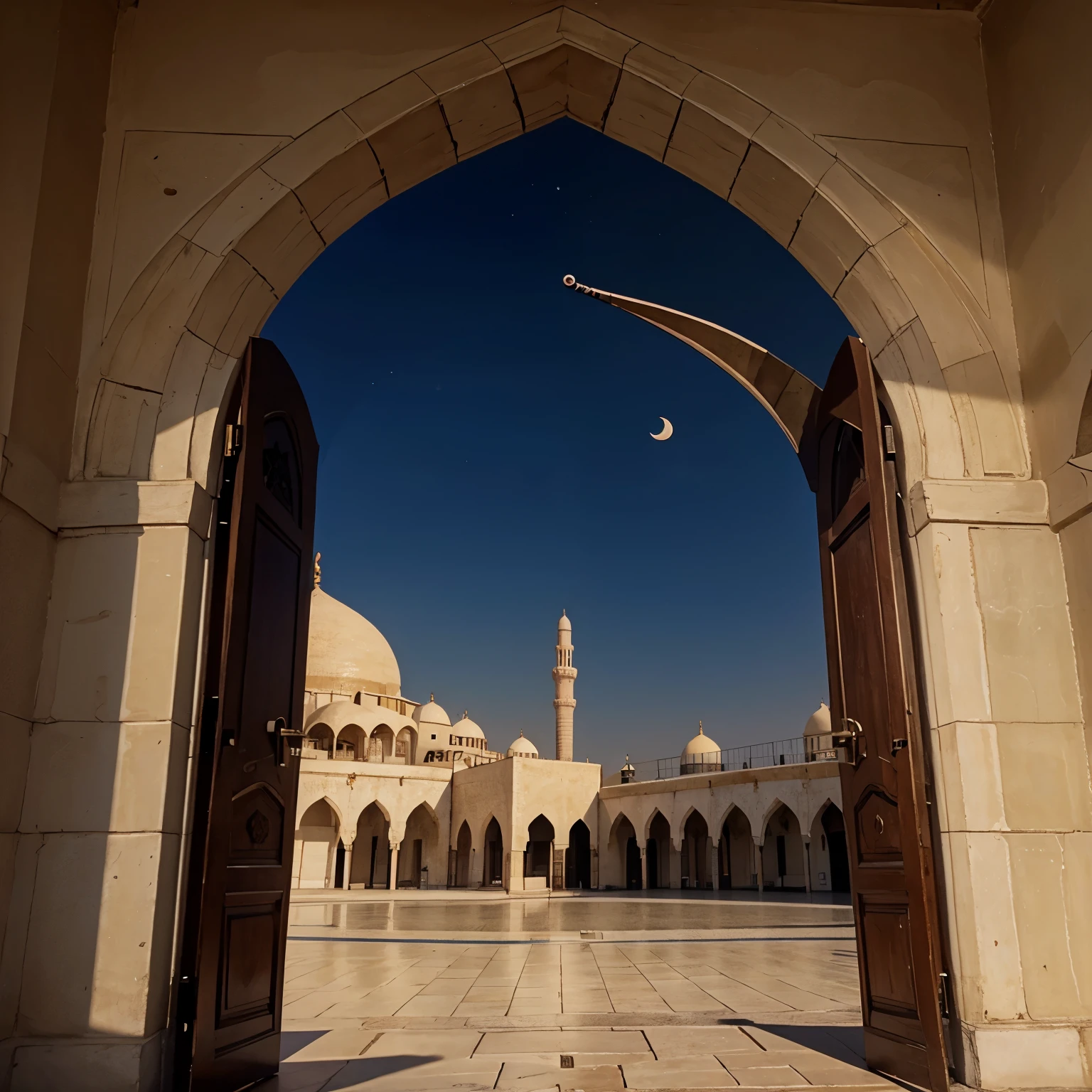 A picture of a within a crescent moon with the background of a mosque with the name Muhammad written on it