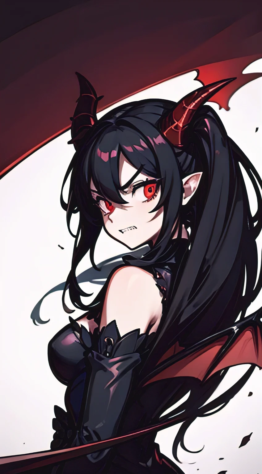 beautiful demon woman with long black hair, sharp teeth, furious, battle, glowing red eyes, bat wings on back, ram horns, angry, fight, fireball, hazbin hotel