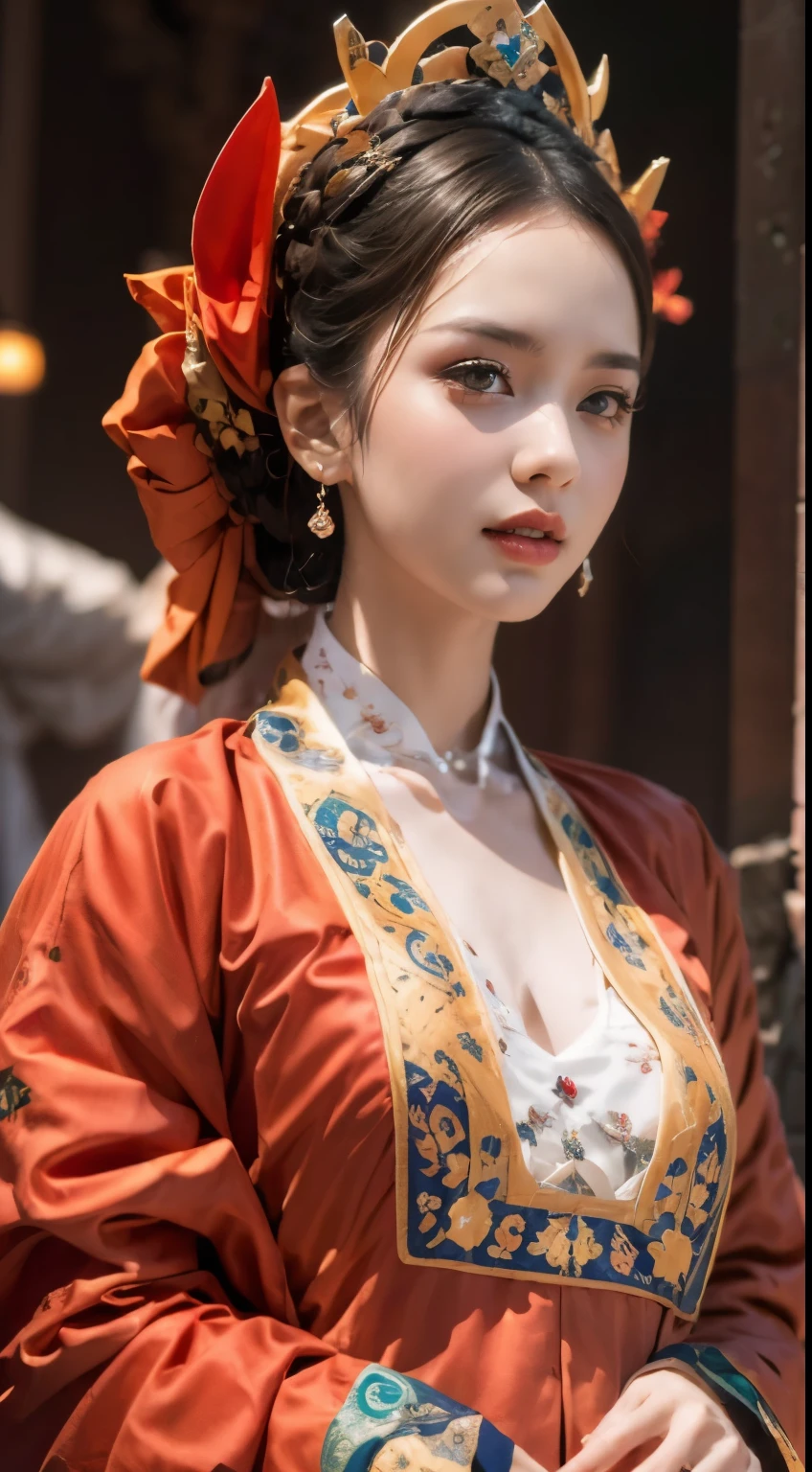 portrait of a beautiful 30 year old holy woman, wearing a thin multicolored silk dress, beautiful face without blemishes, ((natural smile:0.3)), Mouth closed, ((7-color hair length:1.2)), big crown, hair brooch, hanfu dress, chinese ancient style, full body jewelry, forehead tattoo, super even chest, face, red lips, delicate pink and white eyes (white and detailed) cinematic, light and dark, dramatic lighting, magical light, extremely detailed light, true color, super sharp, realistic, 8k quality, fantasy universe background, saints and magical space, the most detailed images, Exhibition photo, awarded, Eye-catching bright tone effect,