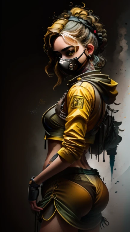 (((full body portrait))),(((Full body portrait of a Western woman in her 30s, recreated as a masterpiece in the highest quality and super detailed artistry. She is shown wearing only low-rise panties and a black-and-yellow down jacket. The lower body is accentuated by a red micro bikini. Her appearance is further enhanced with a gas mask-style clown mask and a musical motif tattoo adorning her chest. The portrait is captured from the front, showcasing every intricate detail. The painting is rendered in 8k, high definition, and super resolution for optimal viewing. Every brushstroke is executed with cinematic precision and care, as if the artwork was exposed for
