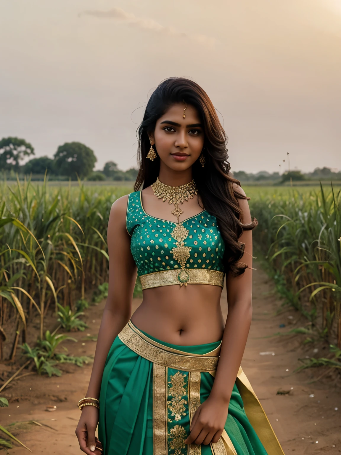 20 year old Tamil girl, inside sugarcane field, evening sky, bossy sassy photoshoot, (wearing expensive sleeveless choli, long skirt), (intricate detailing of face eyes nose mouth full lips & body parts), textured skin, smile:0.6, eyes symmetry, face symmetry, 256K, HDR, hyper realistic, intricate detailing, yotta-pixel image, yocto-pixel detailing