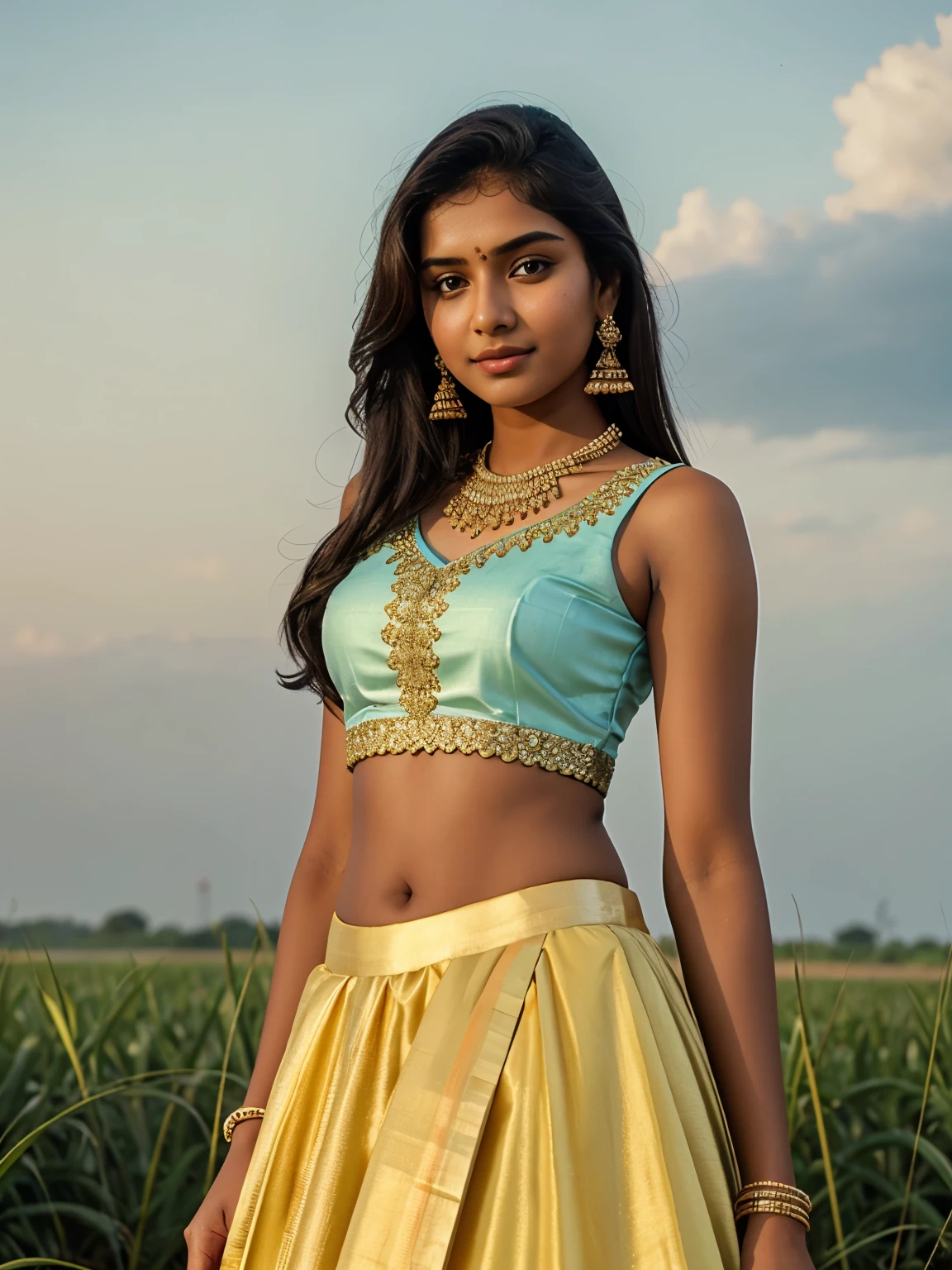 20 year old Tamil girl, inside sugarcane field, evening sky, bossy sassy photoshoot, (wearing expensive sleeveless choli, long skirt), (intricate detailing of face eyes nose mouth full lips & body parts), textured skin, smile:0.6, eyes symmetry, face symmetry, 256K, HDR, hyper realistic, intricate detailing, yotta-pixel image, yocto-pixel detailing