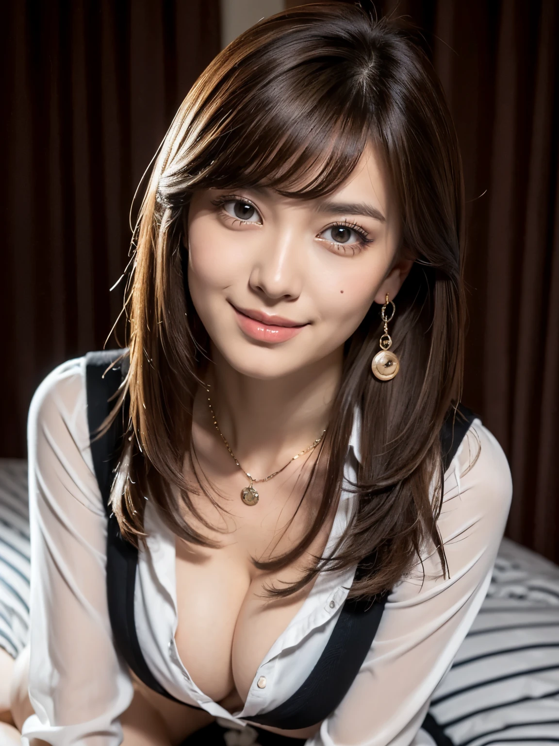 (Masterpiece: 1.3), (Maximum resolution: 1.4), (Ultra HDTV: 1.2), Cinema light, Ultra HDTV, Detailed eyes and skin, Detailed facial features, HDR, 8k resolution, Sharp Focus, Perfect style, beautiful face, highly detailed face and skin texture, detailed eyes, double eyelids, thin eyebrows, (glitter eyeliner: 1.2), pale cheeks, fair skin:1.2, shiny little neckless and earrings, glossy lips: 1.2, (layered hairstyle, (dark-brown hair:1.3), blonde-colored inner hair), medium long hair, BREAK (She is wearing Button Up high-school uniform:1.3), (large breasts: 1.4), (cleavage:1.4), ((She is kneeling to me:1.3)), (gyaru's sister:1.2), (very provocative smile:1.2), (Small and beautiful hard nipple:1.2), (navel baring), BREAK ((Cowboy Shot: 1.2)), ((From a very intimate distance: 1.2)), ((luxury bedroom at night:1.4)), (sweaty skin:1.4),