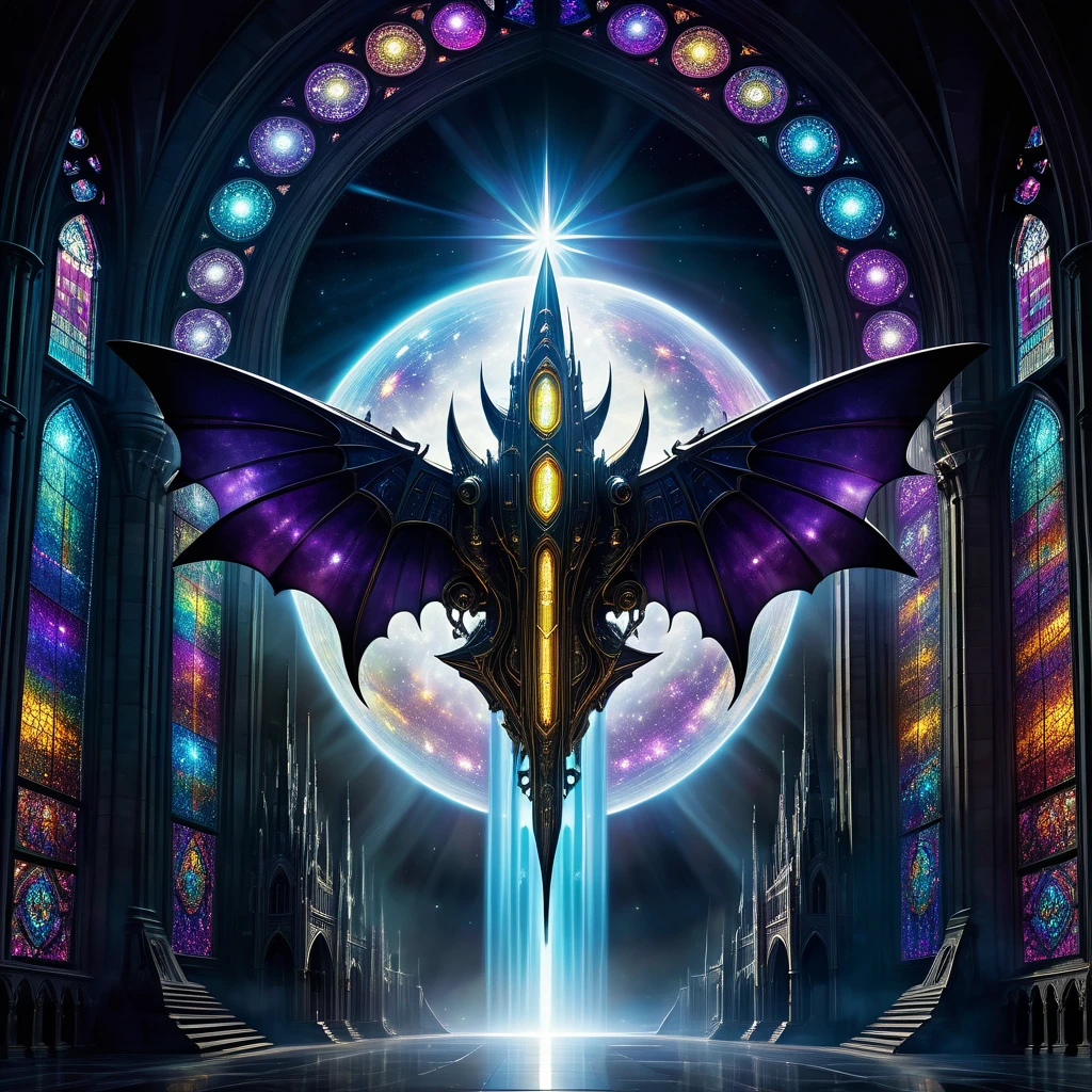 (gothic themed space ships brimming with weapons and religious styling),multicolored warp tunnel,brilliant orb,best quality,ultra-detailed,realistic,portraits,dark,twisted,mysterious,ominous lighting,shadows,ominous colors,metallic textures,haunting atmosphere,ethereal,cinematic,god rays,cosmic,vivid colors,ornate decorations,ornate crosses,detailed badges and symbols,gargoyles,filigree,cathedral-like architecture,ancient ruins,ornate stained glass windows,mystical energy,divine presence,otherworldly technology,interstellar travel,hovering ships,armed to the teeth,launching powerful energy beams,religious zealots,powerful weapons,battle-ready,futuristic gothic style,majestic,imposing,awe-inspiring,grandiose,ominous choir chanting,cosmic convergence,transcendental experience