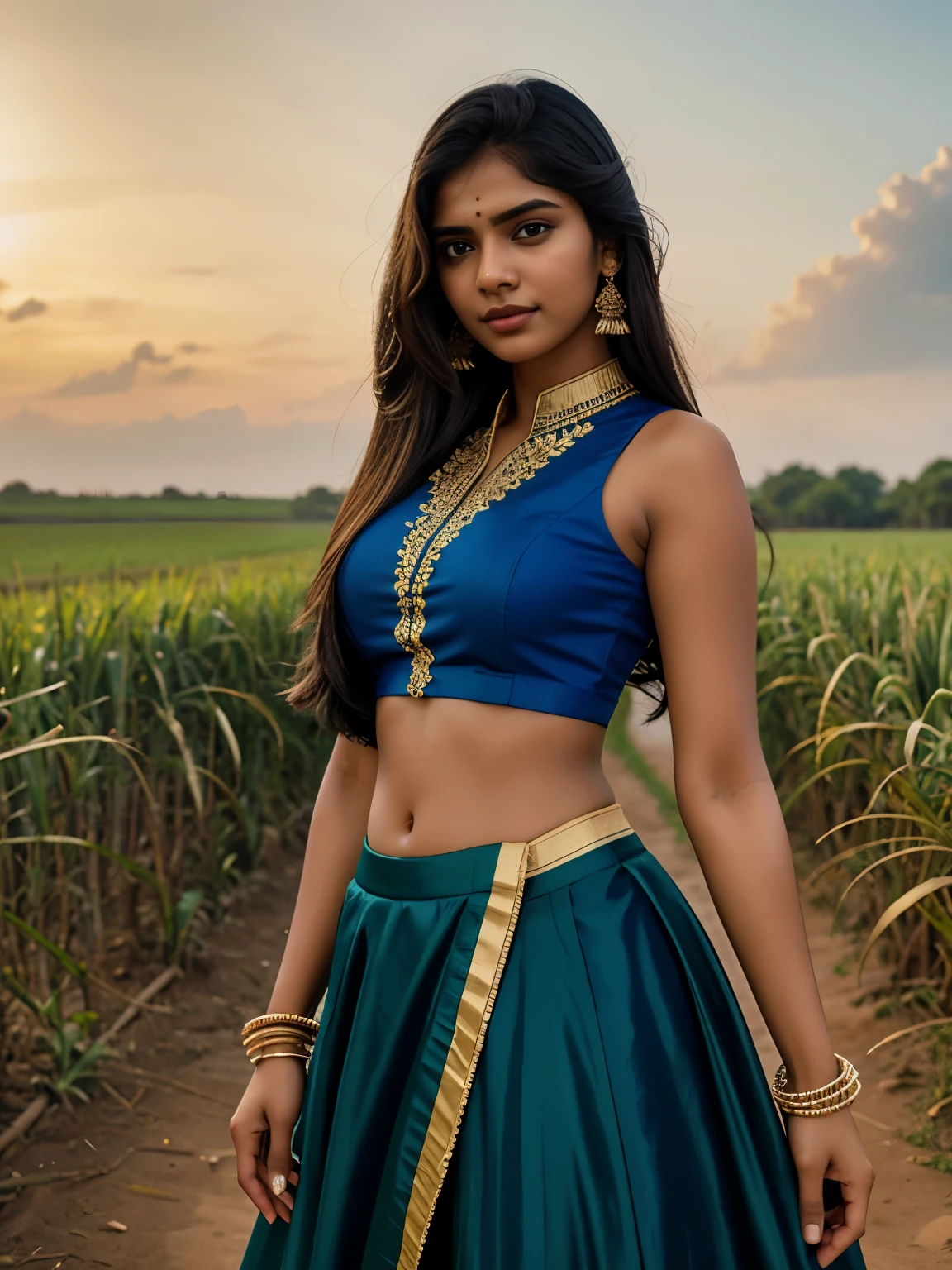 20 year old Tamil girl, inside sugarcane field, evening sky, bossy sassy photoshoot, (wearing expensive sleeveless choli, long skirt), (intricate detailing of face eyes nose mouth full lips & body parts), textured skin, smile:0.6, eyes symmetry, face symmetry, 256K, HDR, hyper realistic, intricate detailing, yotta-pixel image, yocto-pixel detailing