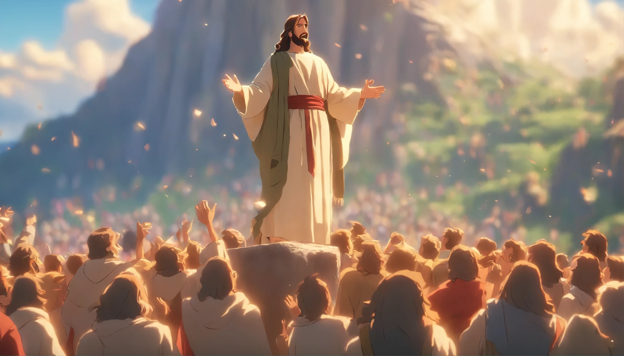 Create a 3D poster of Jesus preaching to the crowds on top of the mountain, estilo pixar, people fascinated by the preaching of Jesus Christ.