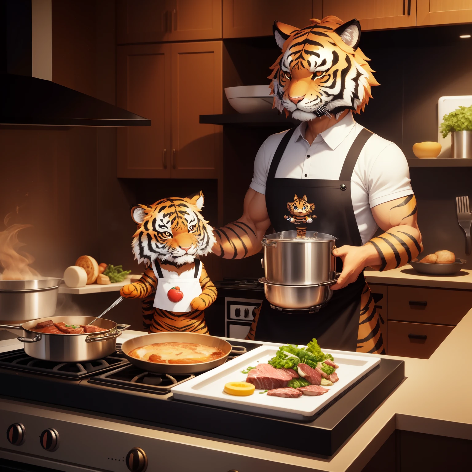 Anthropomorphic little tiger wearing apron, standing in kitchen over the stove cooking a steak. Ultra detailed, anime, high quality, illustration, chibi, cute, Eevee, zbrush, pen, ink, marker, crayon, 64k, fantasy art, Alchemical hallucination art masterpiece