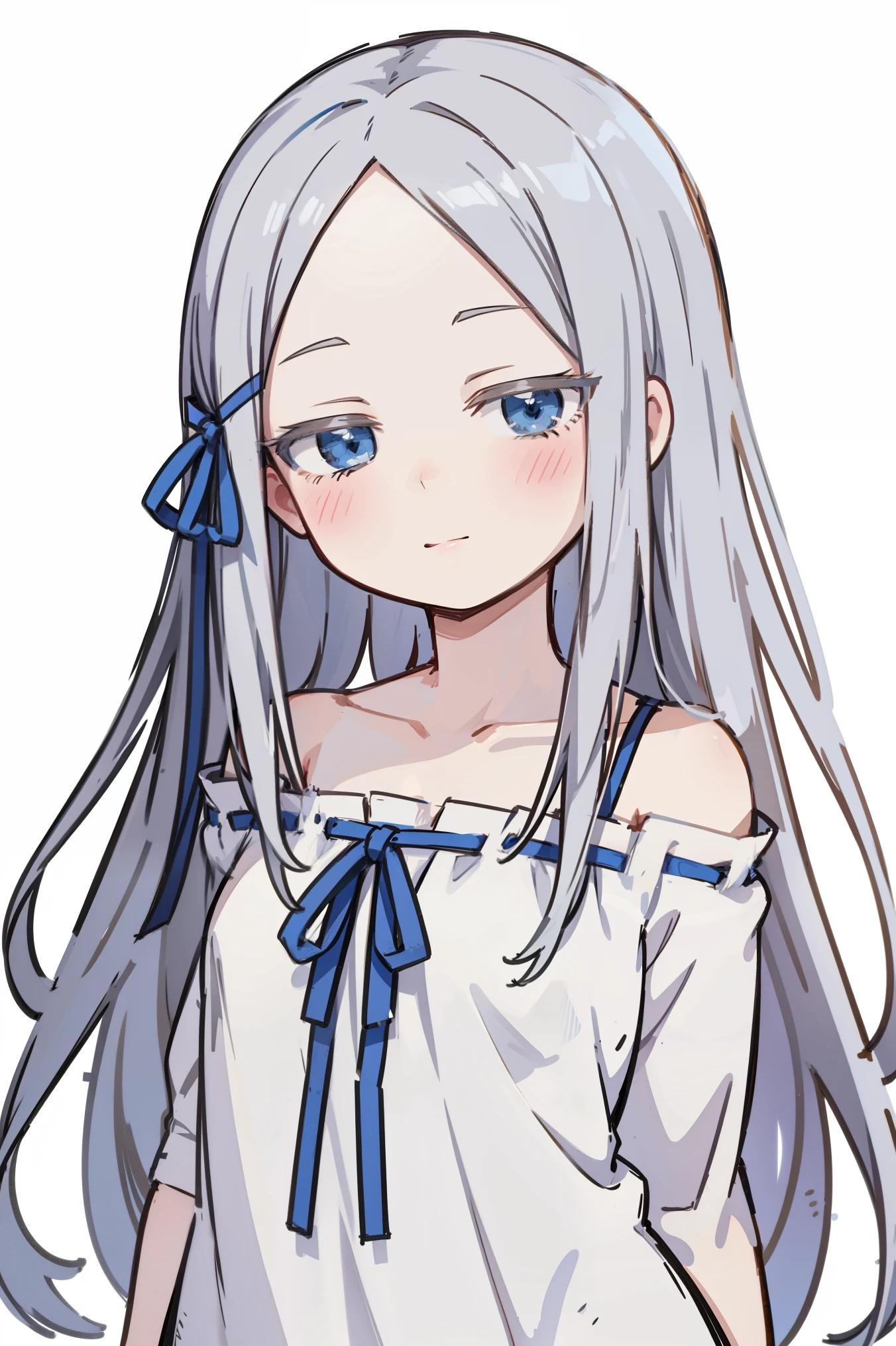 (masterpiece, best quality, ultra high quality, by quan, by mappa, sketch:1.1), ((portrait)), 1girl, solo, pandora, blue eyes, long hair, grey hair, white hair, forehead, blush, bangs, small breasts, parted bangs, barefoot, neutral, innexpressive, small smile, thighs, ((pddf)), dress, ribbon, hair ribbon, white dress, loose dress, blue ribbon, bare shoulders, (arms behind back), upper body, standing,, isometric lightning, white background, simple background